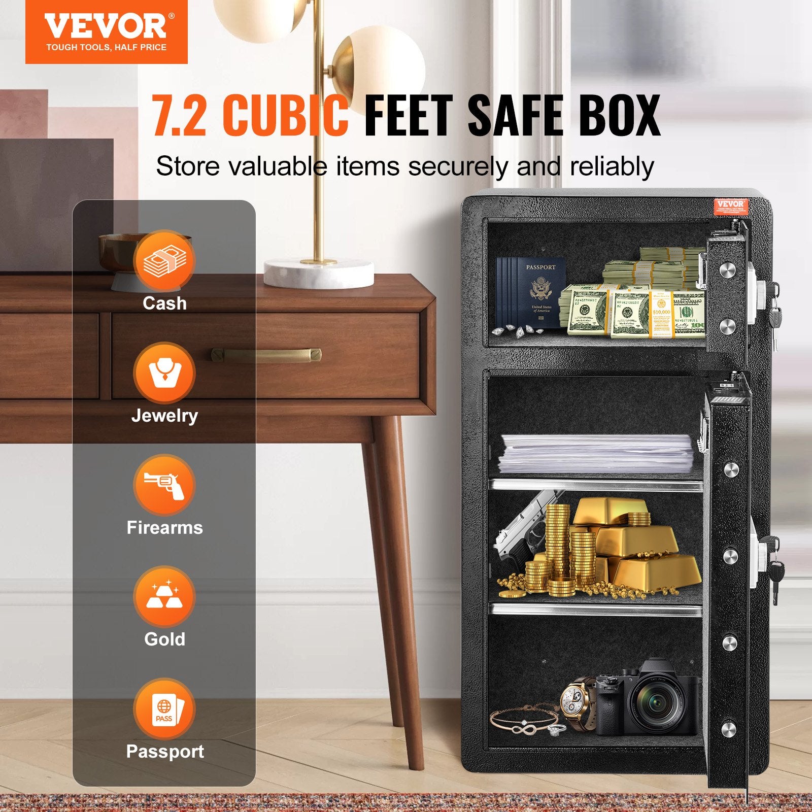 VEVOR Double Doors 7.2 cu.ft Safe Box with Key Lock & Password, Safe Lock Box with Fireproof Bag, Key Rack, LED Light and 2 Height Adjustable and Removable Divider for Money, Documents, Jewelry and Valuables, Black