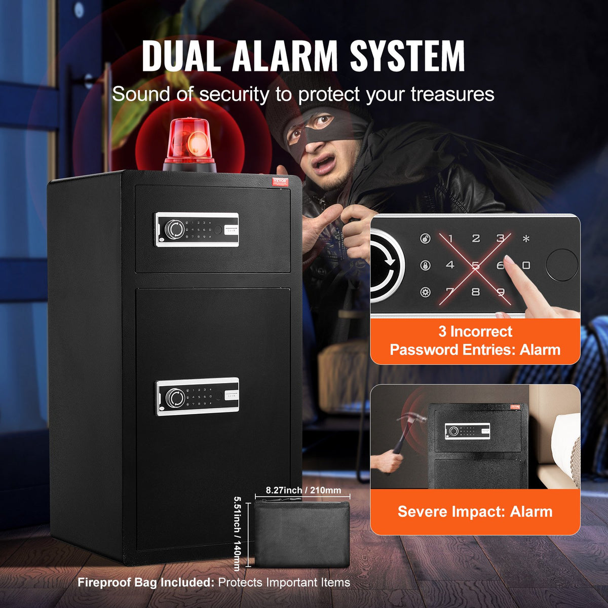 VEVOR Double Doors 7.2 cu.ft Safe Box with Key Lock & Password, Safe Lock Box with Fireproof Bag, Key Rack, LED Light and 2 Height Adjustable and Removable Divider for Money, Documents, Jewelry and Valuables, Black