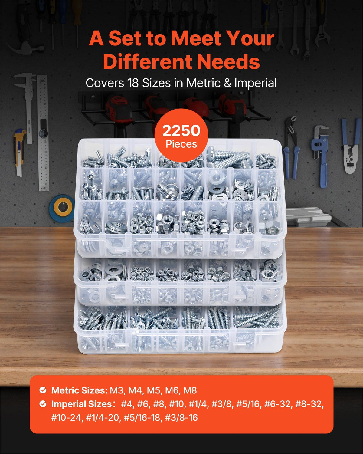 2250 Pcs Bolts and Nuts Assortment Kit, Metric + Imperial Machine Screws and Flat Washers, Alloy Steel M3/M4/M5/M6/M8 Multiple Size, for Equipment/Vehicle Assembly,Galvanized White