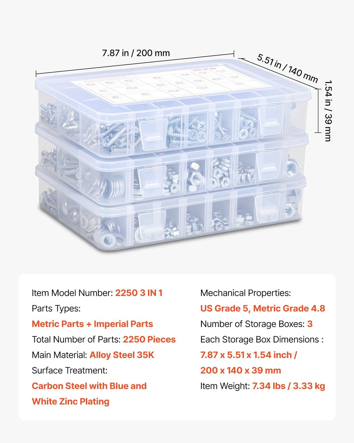 2250 Pcs Bolts and Nuts Assortment Kit, Metric + Imperial Machine Screws and Flat Washers, Alloy Steel M3/M4/M5/M6/M8 Multiple Size, for Equipment/Vehicle Assembly,Galvanized White