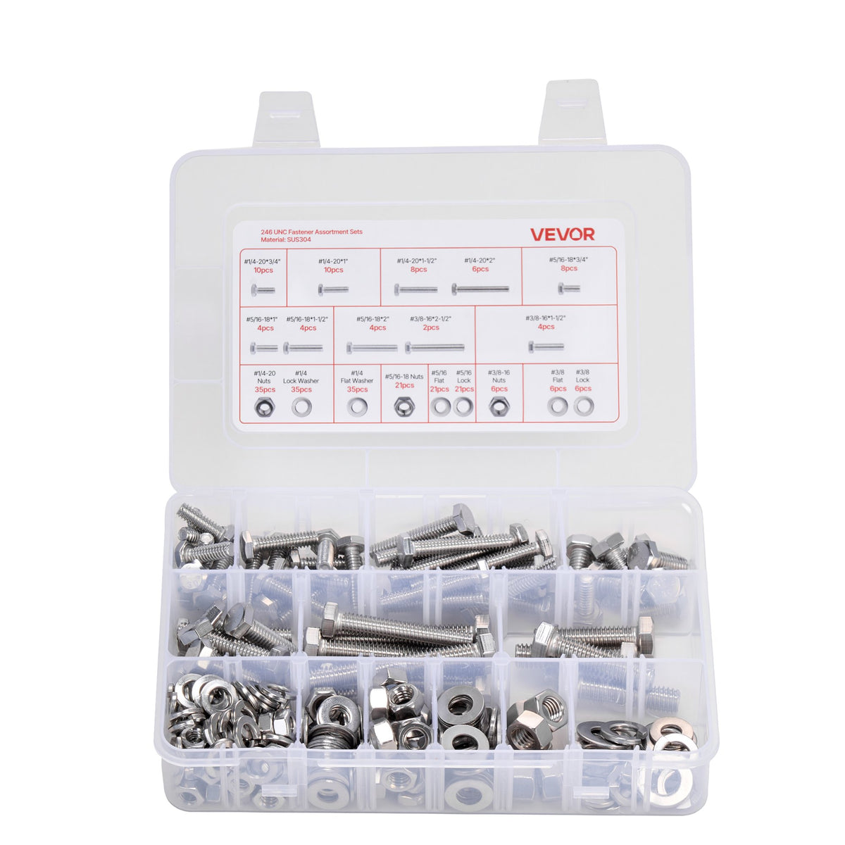 VEVOR 246 Pcs Bolts and Nuts Assortment Kit, Imperial Screws and Flat Washers, Stainless Steel 1/4-20,5/16-18,3/8-16, Spring Lock Washers for Furniture / Equipment /Vehicle Assembly with Case