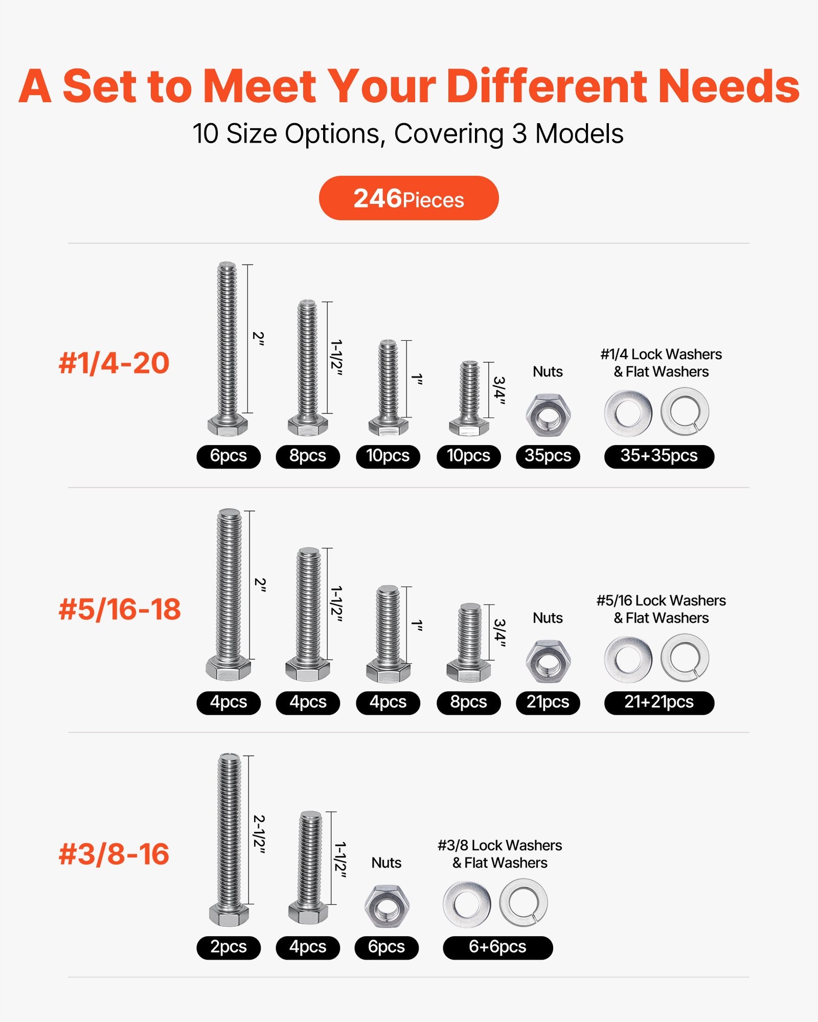 VEVOR 246 Pcs Bolts and Nuts Assortment Kit, Imperial Screws and Flat Washers, Stainless Steel 1/4-20,5/16-18,3/8-16, Spring Lock Washers for Furniture / Equipment /Vehicle Assembly with Case