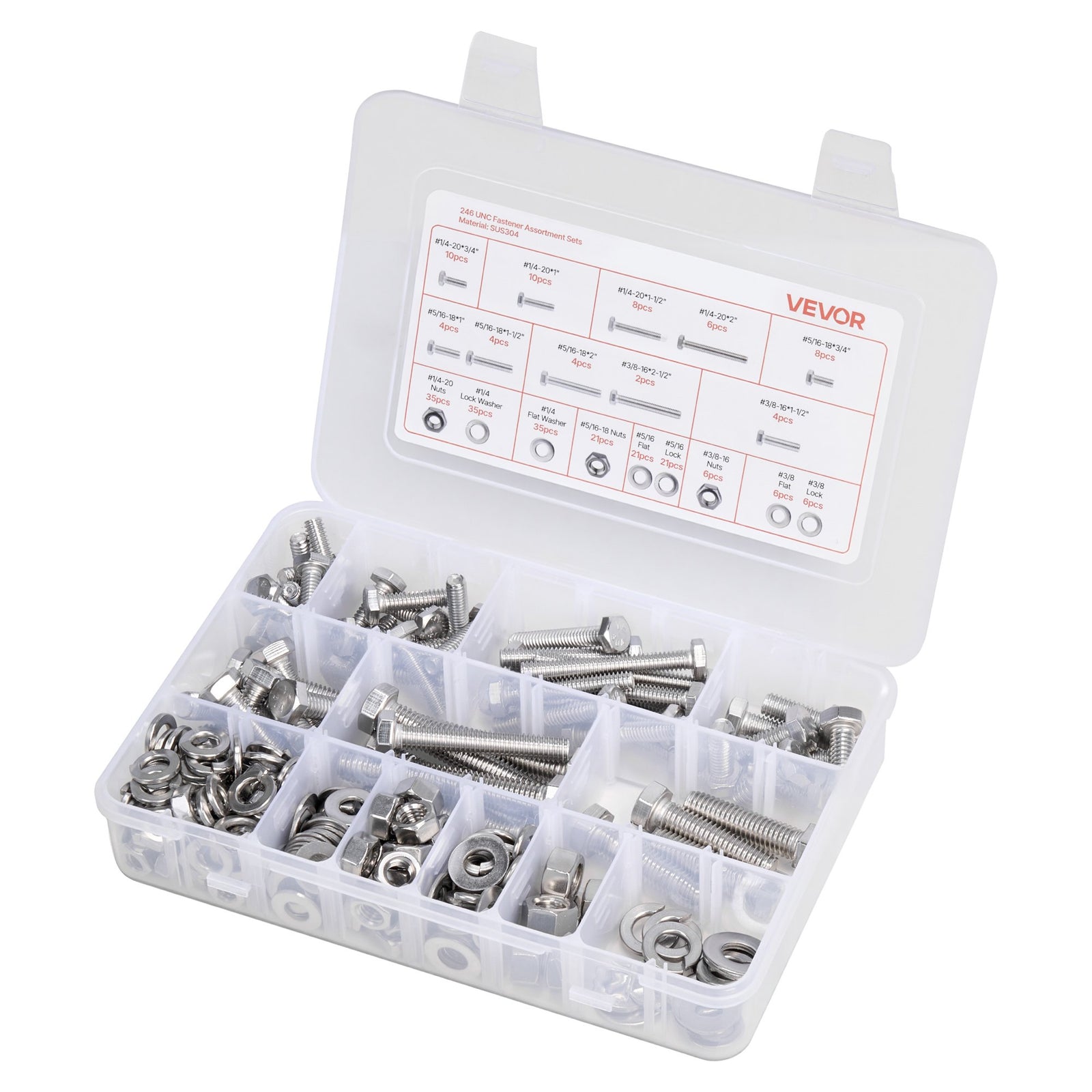 VEVOR 246 Pcs Bolts and Nuts Assortment Kit, Imperial Screws and Flat Washers, Stainless Steel 1/4-20,5/16-18,3/8-16, Spring Lock Washers for Furniture / Equipment /Vehicle Assembly with Case