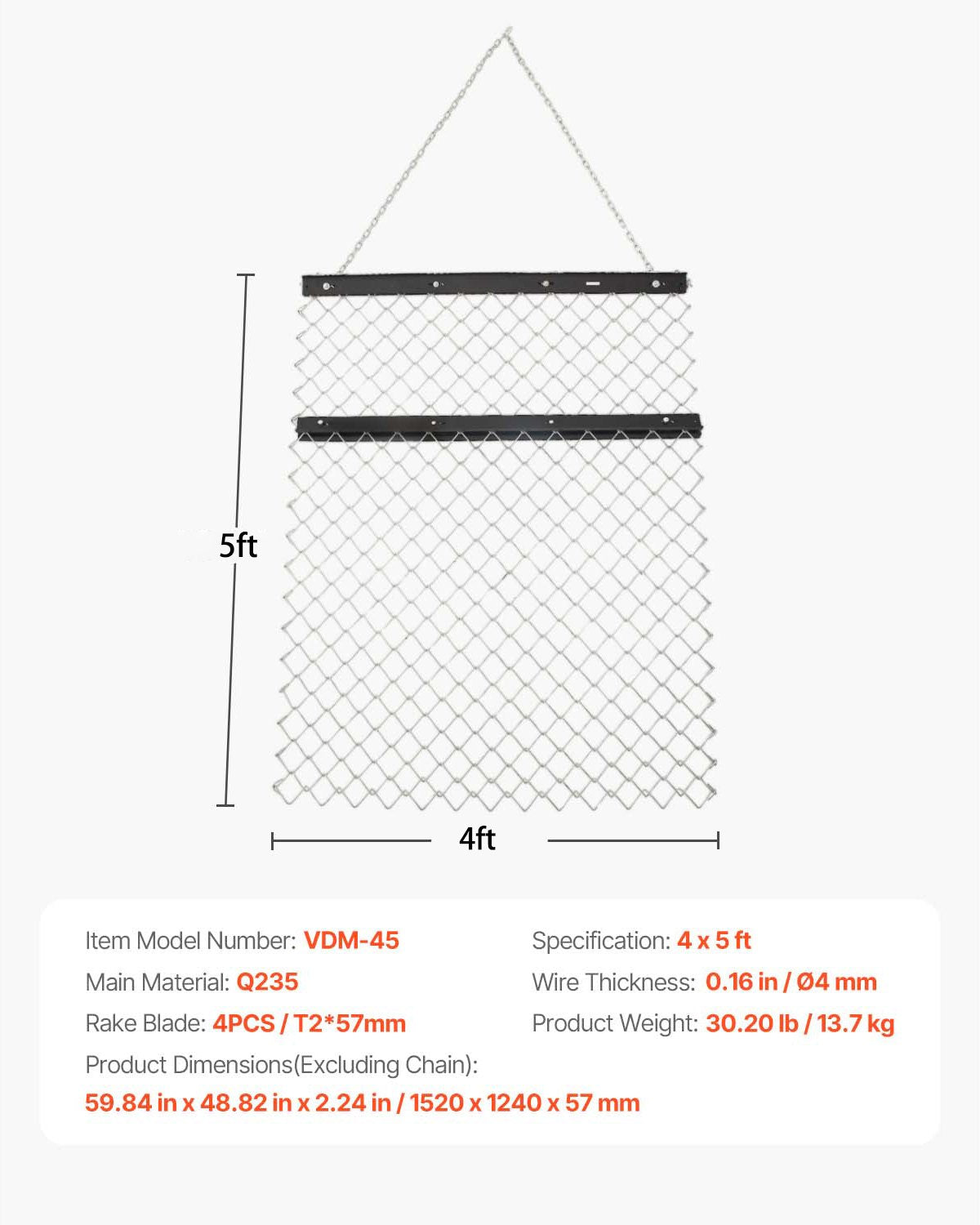 VEVOR Drag Harrow 4 x 5 ft Chain Harrow Lawn Rake ATV UTV Tractor Attachments