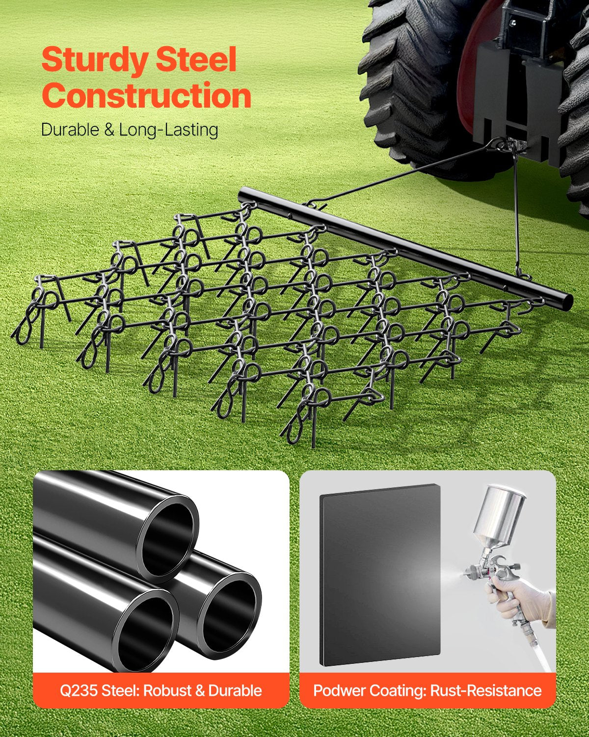 VEVOR Drag Harrow, 5 x 4.5 ft Durable Chain Harrow with 60 Sharp Teeth, Suitable for ATV UTV Tractor, Ideal for Soil Preparation, Seeding, Smoothing Landscapes, and Yard Gravel Driveway Maintenance