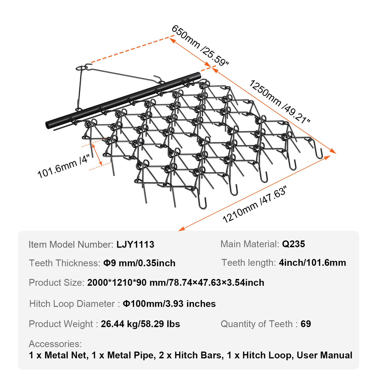 VEVOR Drag Harrow, 4'x4' Heavy-Duty Chain Harrow with 69 Teeth, ATV UTV Tractor Attachments Field Drag Mat for Sod Prepping, Seeding Lawns, Landscape Leveling, Harrow Rake for Gravel Driveway Yard