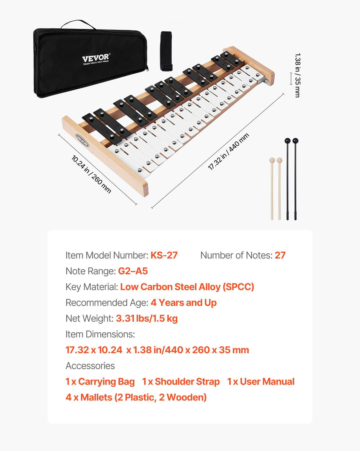 Glockenspiel Xylophone, 27 Notes, Professional Xylophone Percussion Instrument, with Metal Keys, Includes 4 Mallets, Carrying Bag, Beginner Musical Instrument for Adults and Kids Music Teaching