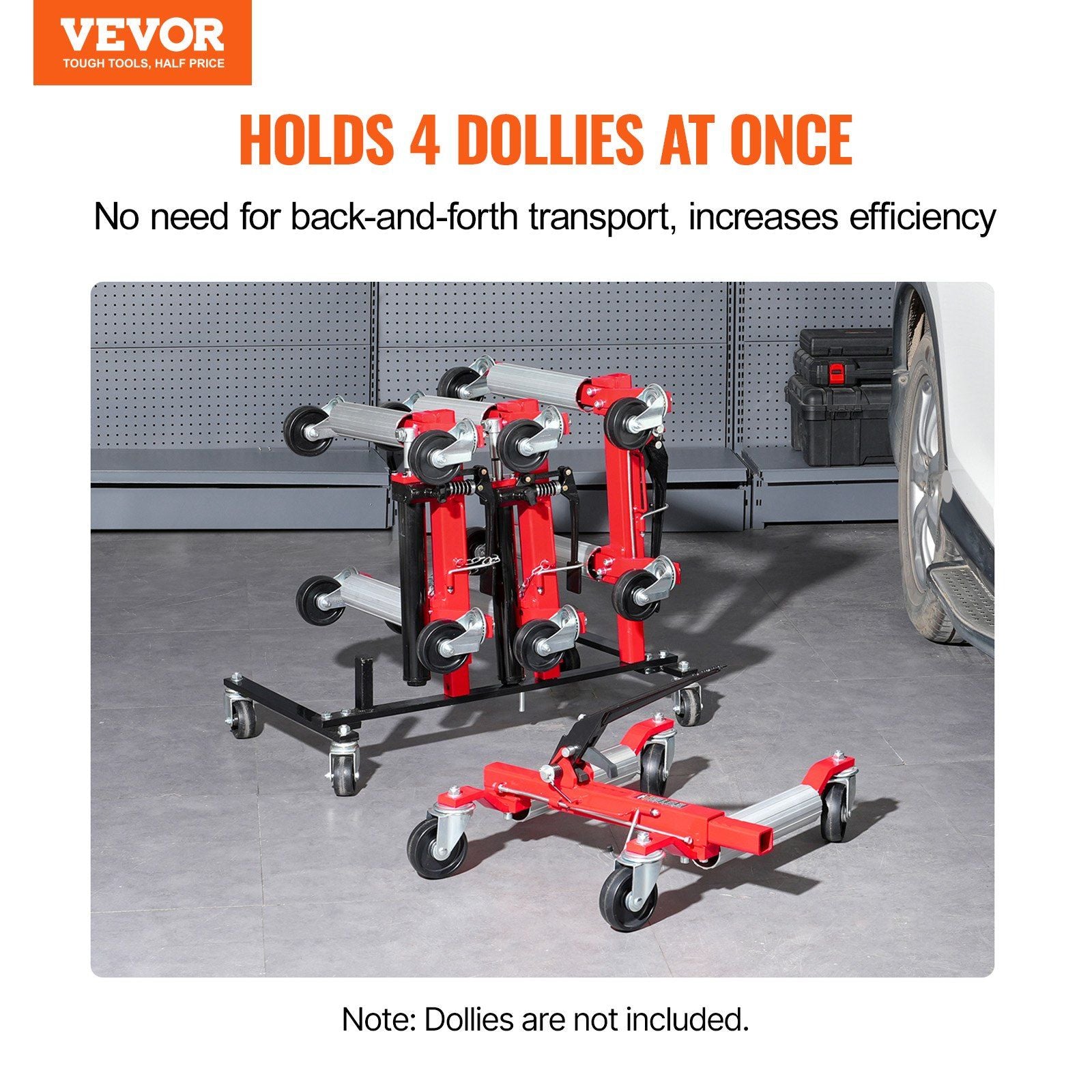 Car Dolly Rack, Storage Rack with 360° Rotatable Wheels, Hydraulic Ratchet Trolley Jack Stand Organizer, Jack Stands Holder Storage Rack, 4-Dolly Capacity, Compatible with Most Dollies