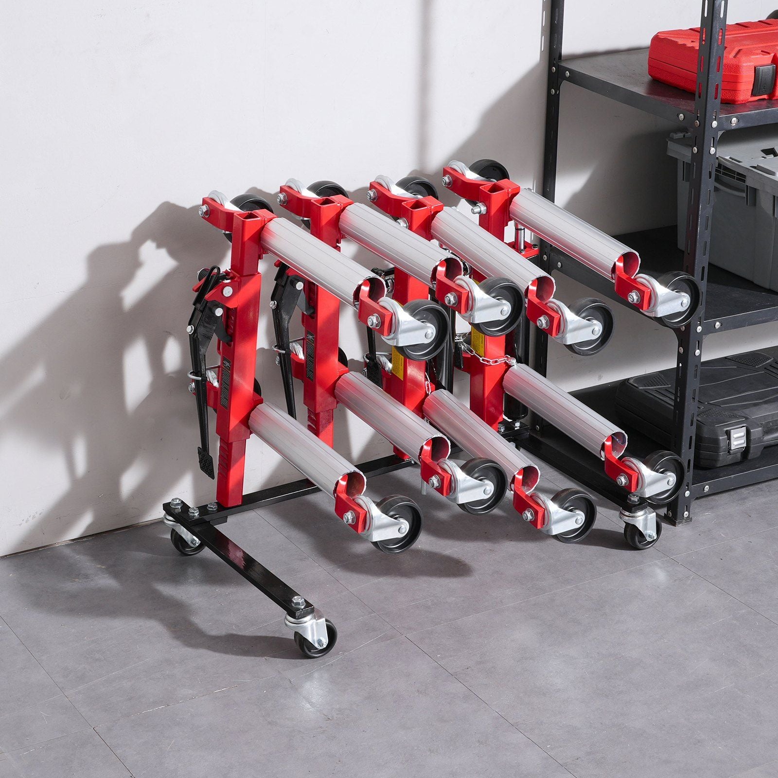 Car Dolly Rack, Storage Rack with 360° Rotatable Wheels, Hydraulic Ratchet Trolley Jack Stand Organizer, Jack Stands Holder Storage Rack, 4-Dolly Capacity, Compatible with Most Dollies