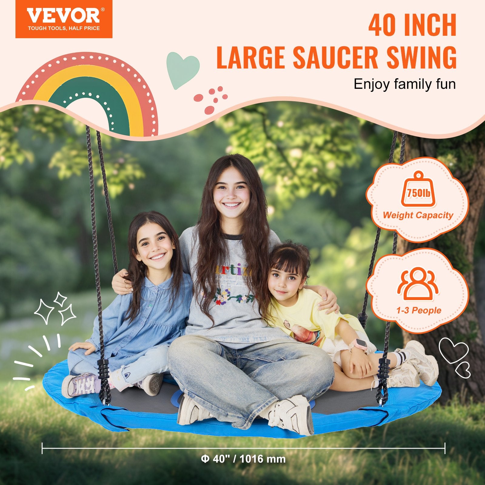 VEVOR Tree Swing, 40 Inch Saucer Swing, 750lbs Weight Capacity, 900D Oxford Fabric Swing Seat with 2 Tree Hanging Straps and Adjustable Multi-Strand Ropes, Round Swing for Kids Outdoor, Blue