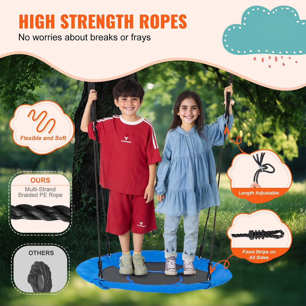 VEVOR Tree Swing, 40 Inch Saucer Swing, 750lbs Weight Capacity, 900D Oxford Fabric Swing Seat with 2 Tree Hanging Straps and Adjustable Multi-Strand Ropes, Round Swing for Kids Outdoor, Blue