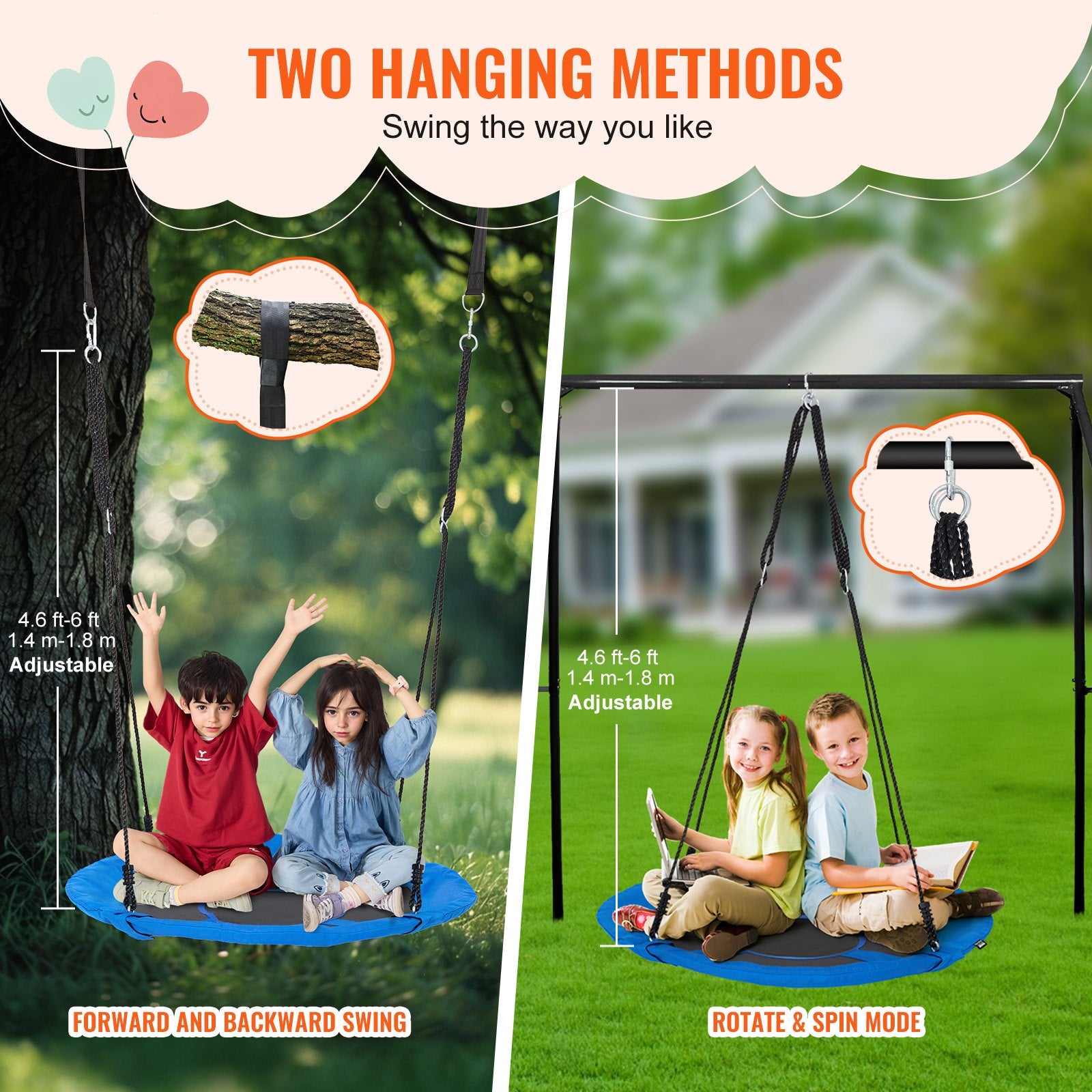 VEVOR Tree Swing, 40 Inch Saucer Swing, 750lbs Weight Capacity, 900D Oxford Fabric Swing Seat with 2 Tree Hanging Straps and Adjustable Multi-Strand Ropes, Round Swing for Kids Outdoor, Blue