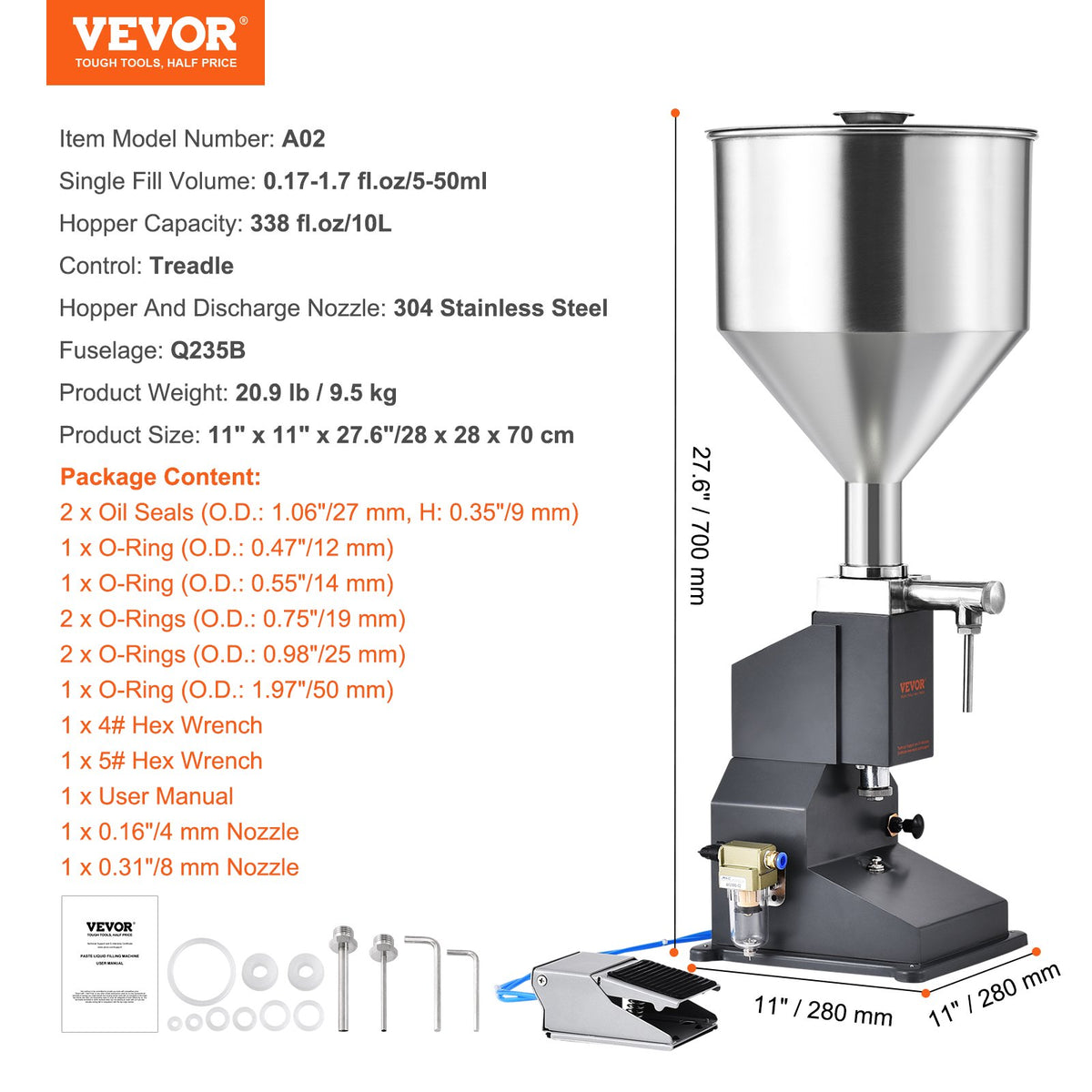 VEVOR Pneumatic Paste Liquid Filling Machine, 5-50ml Bottle Filler, Bottle Filling Machine, Stainless Steel Liquid Filler with Pedal for Milk Water Juice Essential Oil Shampoo Cosmetic Honey Lotion