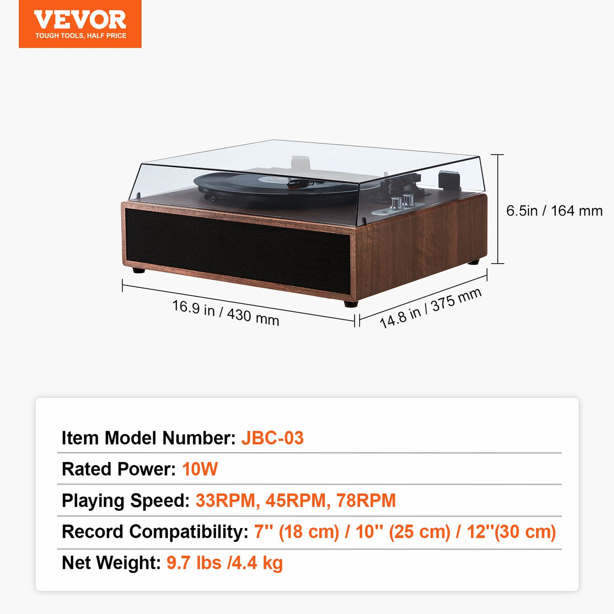 VEVOR Bluetooth Vinyl Record Player 3-Speed Belt Driven Turntable 10W Speakers
