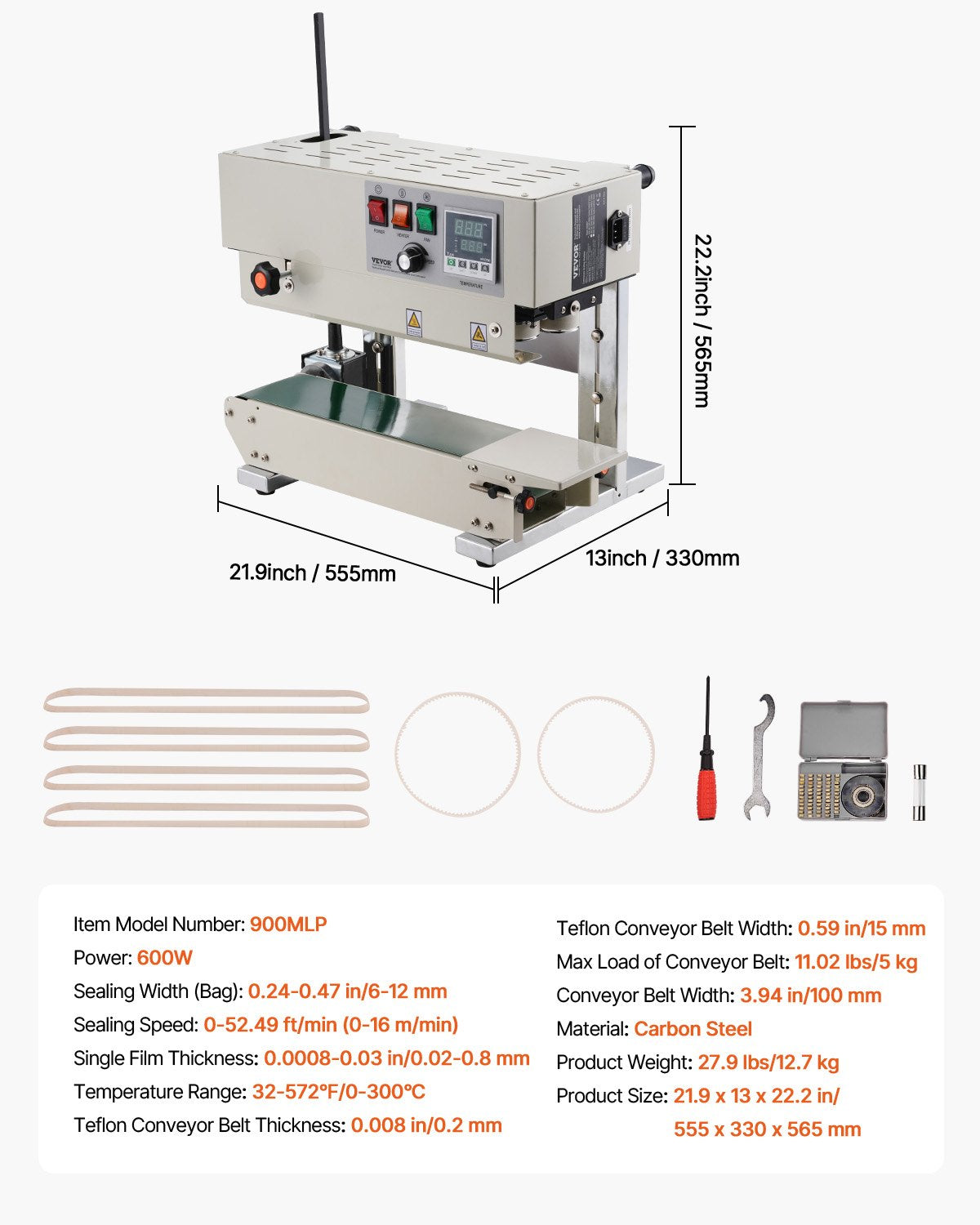VEVOR Continuous Bag Band Sealing Machine, 6-12 mm Sealing Width, Vertical Band Sealer Machine with Digital Temperature Control, Carbon Steel Bag Sealer for 0.02-0.8 mm Plastic Bags Films Membrane