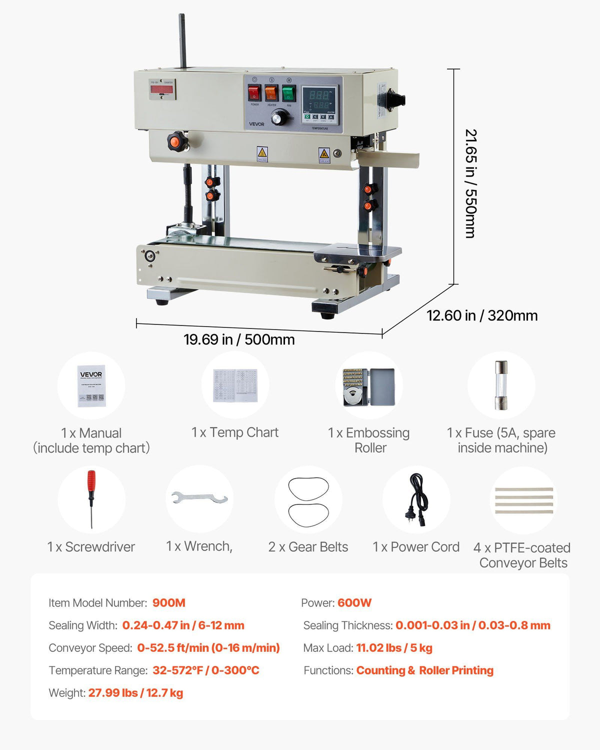 Continuous Bag Band Sealing Machine, 6-12 mm Seal Width, Vertical Band Sealer Machine with Roller Printing , Temp & Speed Adjustable, Commercial Heat Sealer Machine for 0.03-0.8 mm Plastic Bags