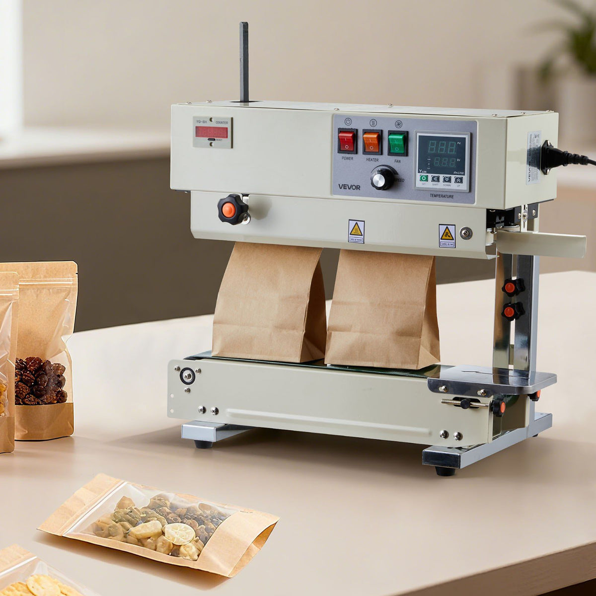 Continuous Bag Band Sealing Machine, 6-12 mm Seal Width, Vertical Band Sealer Machine with Roller Printing , Temp & Speed Adjustable, Commercial Heat Sealer Machine for 0.03-0.8 mm Plastic Bags