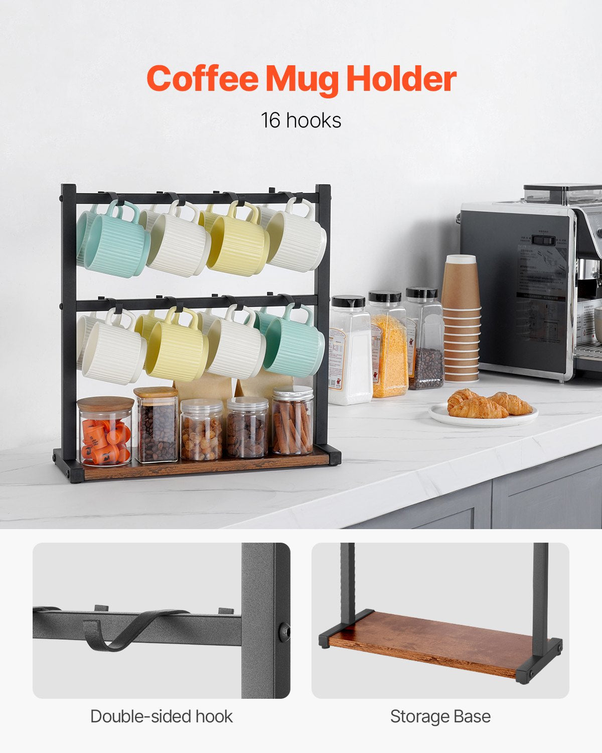 VEVOR Coffee Mug Holder for Countertop 16 Hooks Cup Rack with Wood Storage Base