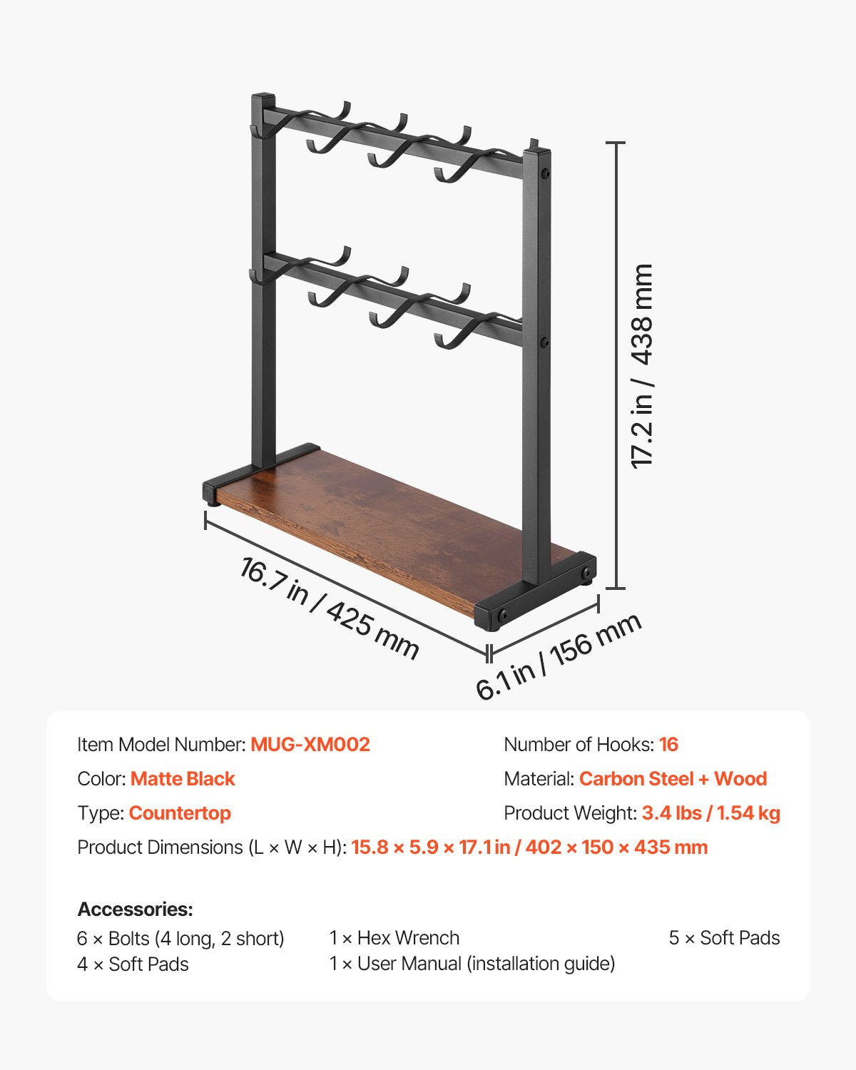 VEVOR Coffee Mug Holder for Countertop 16 Hooks Cup Rack with Wood Storage Base