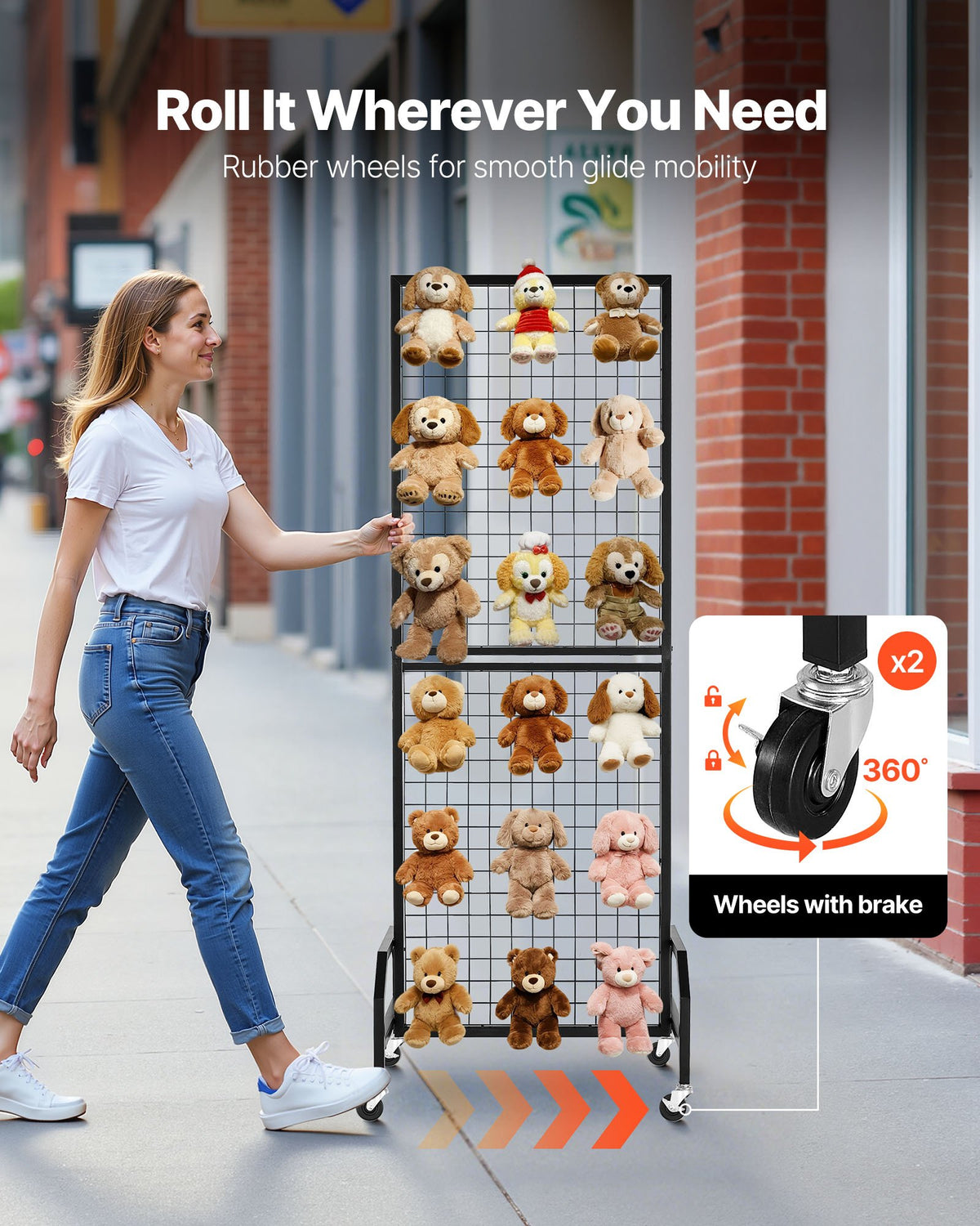 VEVOR Grid Wall Panel, 600 x 1640 mm Wire Grid Panels Display Rack, Movable Art Display Shelf with Wheels and 10 Hooks, Black Carbon Steel Gridwall for Craft Show, Decoration, Storage, Notice Board