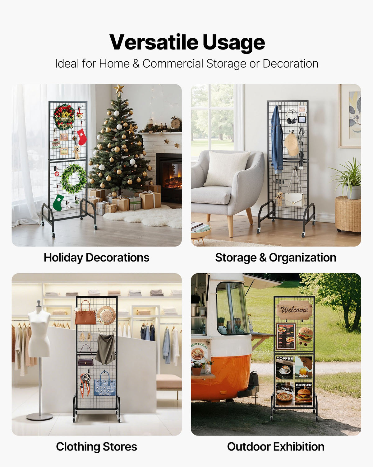 VEVOR Grid Wall Panel, 600 x 1640 mm Wire Grid Panels Display Rack, Movable Art Display Shelf with Wheels and 10 Hooks, Black Carbon Steel Gridwall for Craft Show, Decoration, Storage, Notice Board