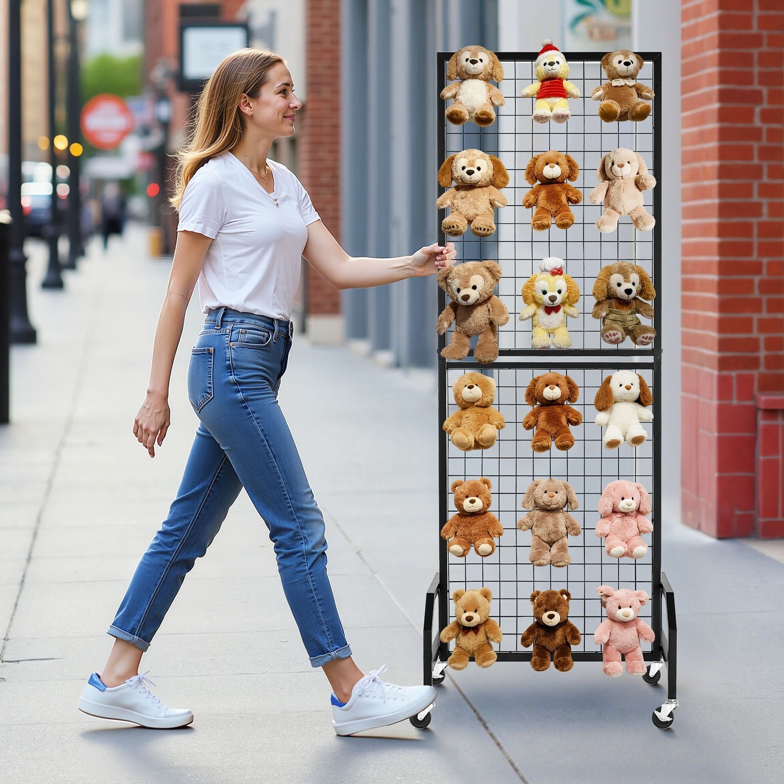 VEVOR Grid Wall Panel, 600 x 1640 mm Wire Grid Panels Display Rack, Movable Art Display Shelf with Wheels and 10 Hooks, Black Carbon Steel Gridwall for Craft Show, Decoration, Storage, Notice Board