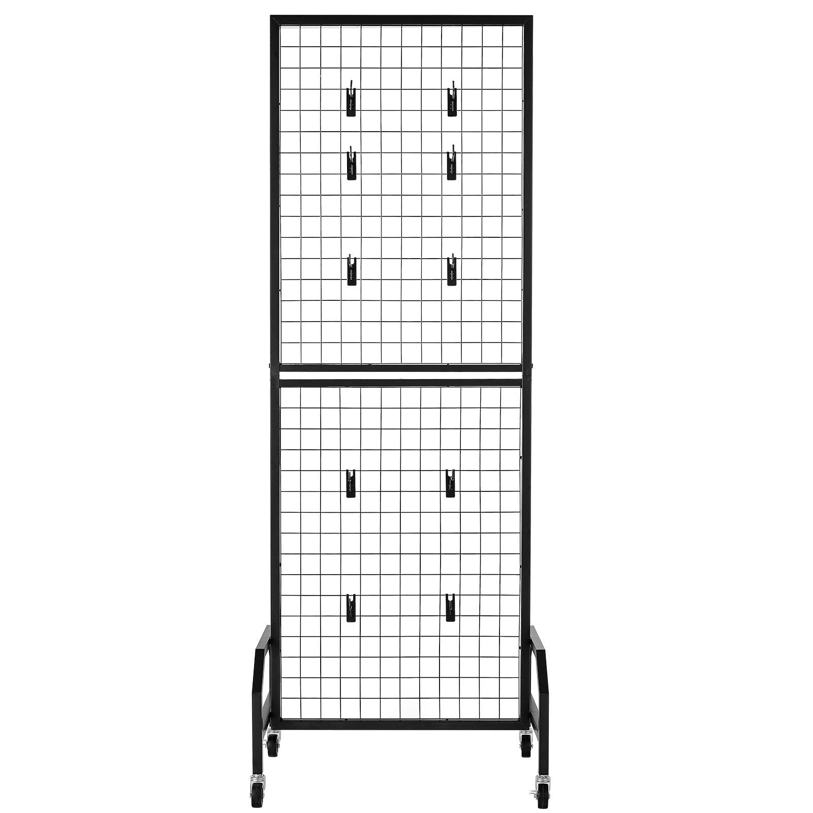 VEVOR Grid Wall Panel, 600 x 1640 mm Wire Grid Panels Display Rack, Movable Art Display Shelf with Wheels and 10 Hooks, Black Carbon Steel Gridwall for Craft Show, Decoration, Storage, Notice Board
