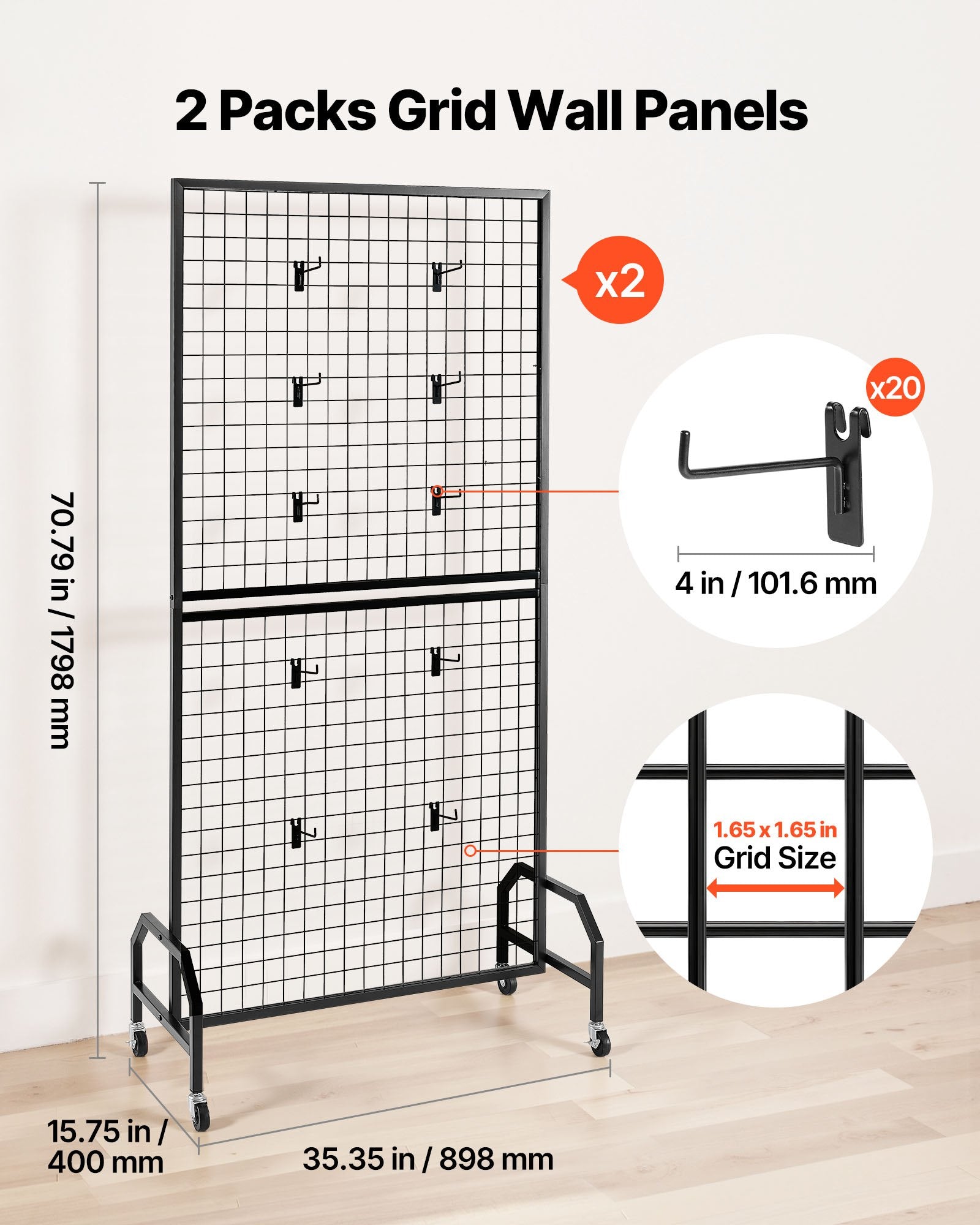 VEVOR 2 Packs Grid Wall Panels, 898 x 1798 mm Wire Grid Panels Display Rack, Movable Art Display Shelf with Wheels & 10 Hooks, Black Carbon Steel Gridwall for Craft Show, Decor, Storage, Notice Board