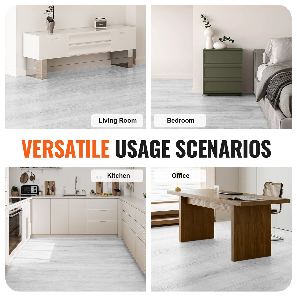VEVOR Interlocking Vinyl Floor Tiles 48 x 7.3 inch, 10 Tiles 5.5mm Thick Snap Together, Light Gray Wood Grain DIY Flooring for Kitchen, Dining Room, Bedrooms & Bathrooms, Easy for Home Decor