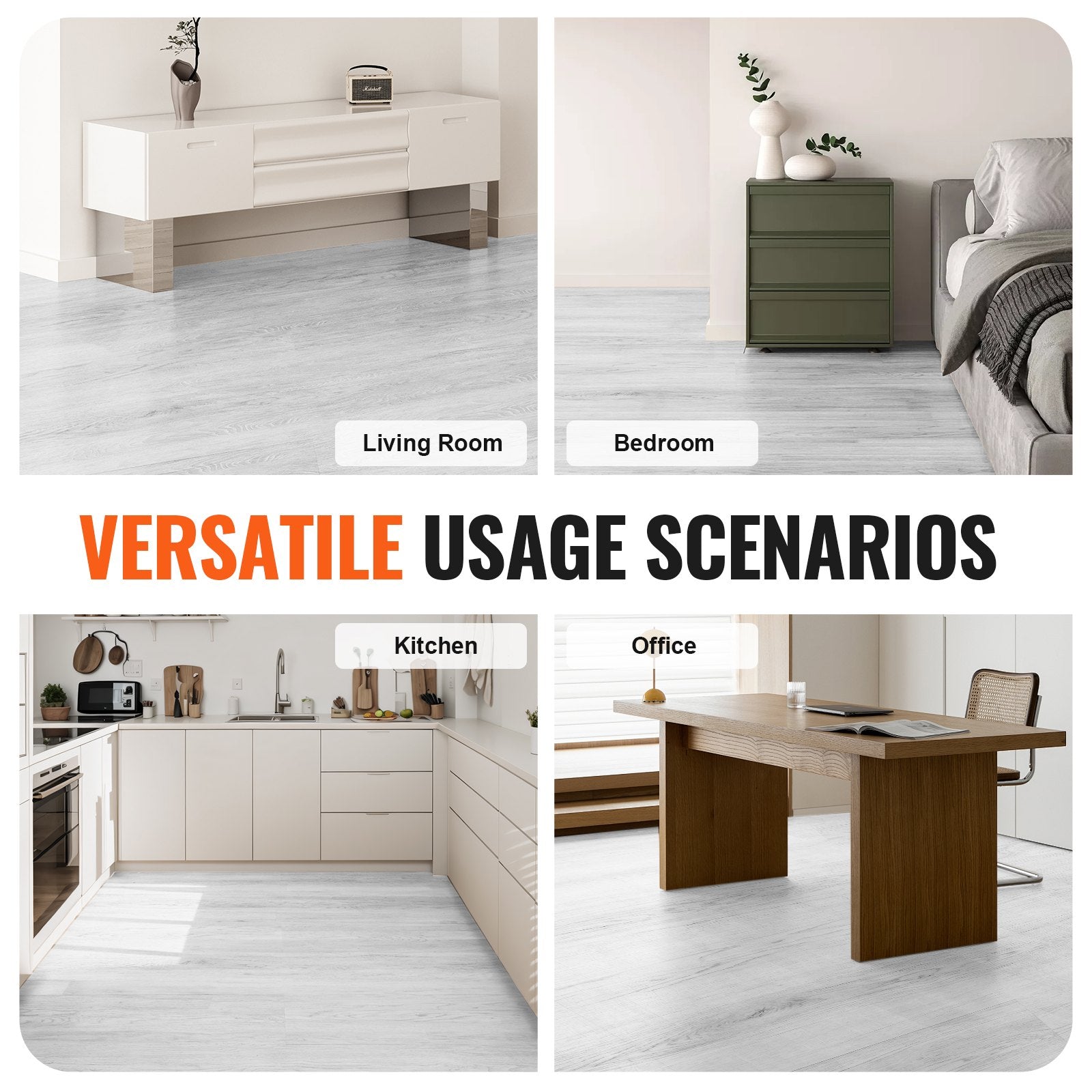 VEVOR Interlocking Vinyl Floor Tiles 48 x 7.3 inch, 10 Tiles 5.5mm Thick Snap Together, Light Gray Wood Grain DIY Flooring for Kitchen, Dining Room, Bedrooms & Bathrooms, Easy for Home Decor