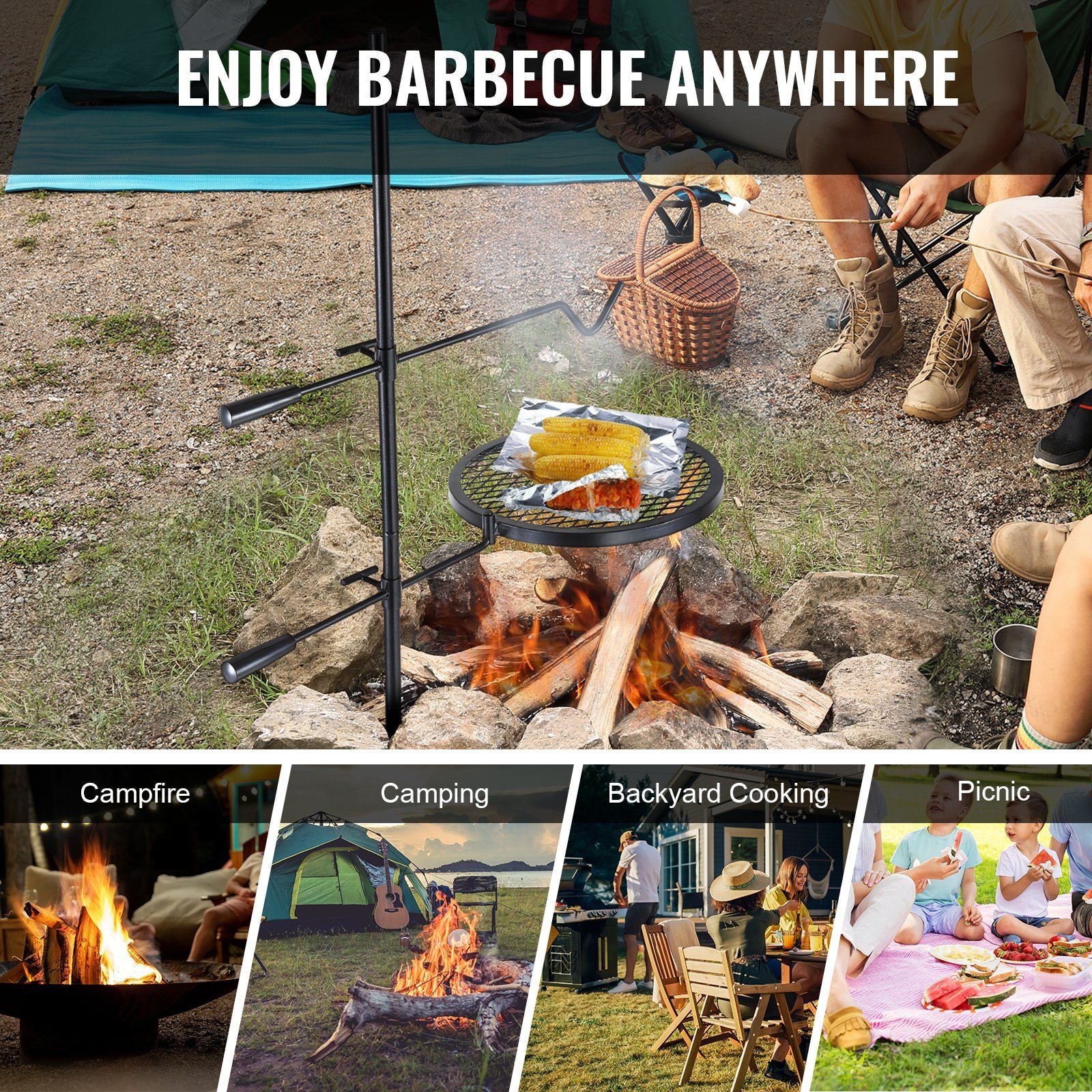 Swivel Campfire Grill Heavy Duty Steel Open Fire Cooking Grate Adjustable