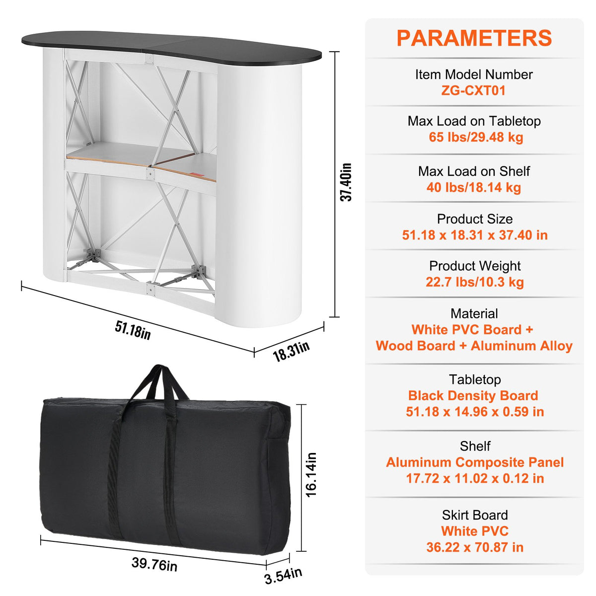 VEVOR Portable Tradeshow Podium Table, 1300 x 465 x 950 mm, Display Exhibition Counter Stand Booth Fair with Wall, Foldable Promotion Retail Bar Table Pop Up Podium with Storage Rack, Carrying Bag