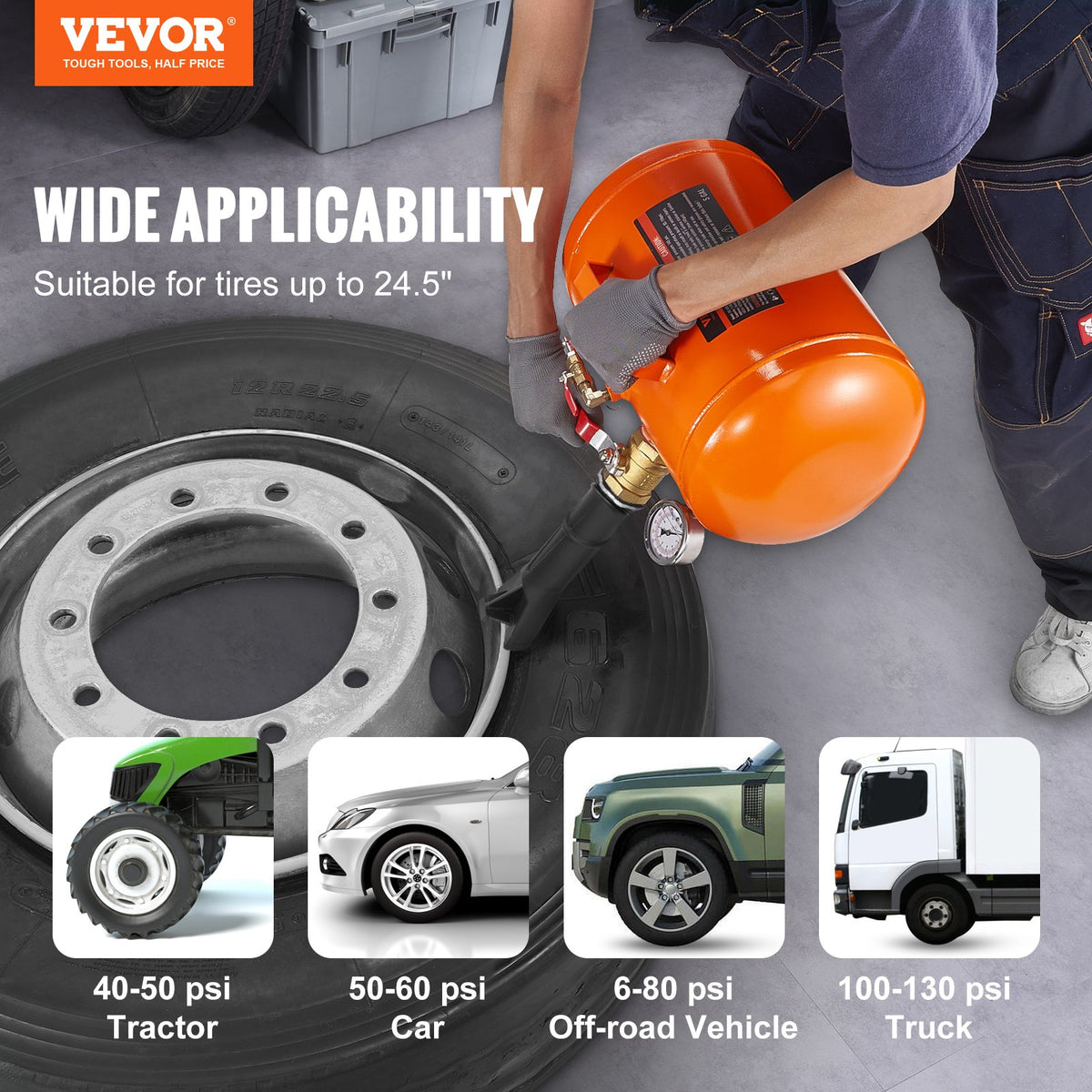VEVOR Tire Bead Seater, 5 Gal/19L Air Tire Bead Blaster with Pressure Gauge &amp; Handle, 145 PSI Seating Tool Inflator Tank, 85-116 PSI Operating Pressure for Car Truck ATV