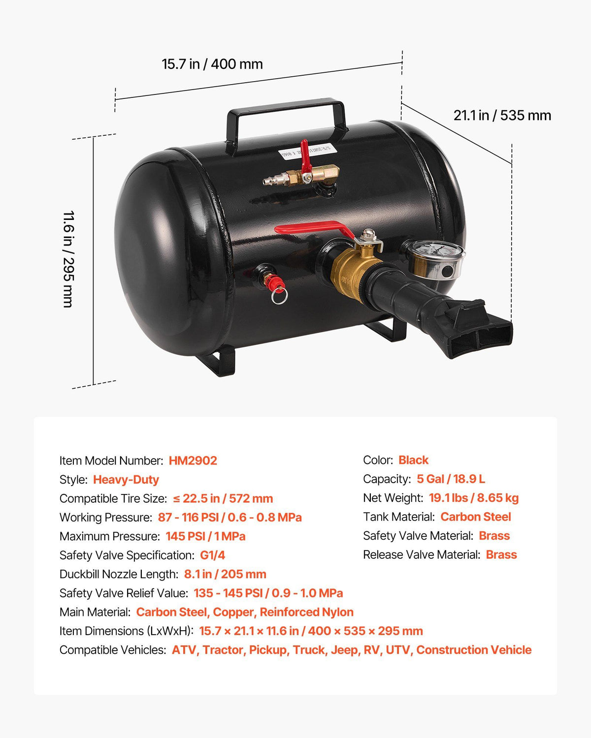 Air Tire Bead Seater, 5 Gal / 18.9 L, Heavy Duty Tire Bead Blaster Tool, 87-116 PSI Operating Pressure, Air Trigger Seating Inflator for Pickup, Truck, ATV, Jeep, Van, Lawn Tractor, RV, Black