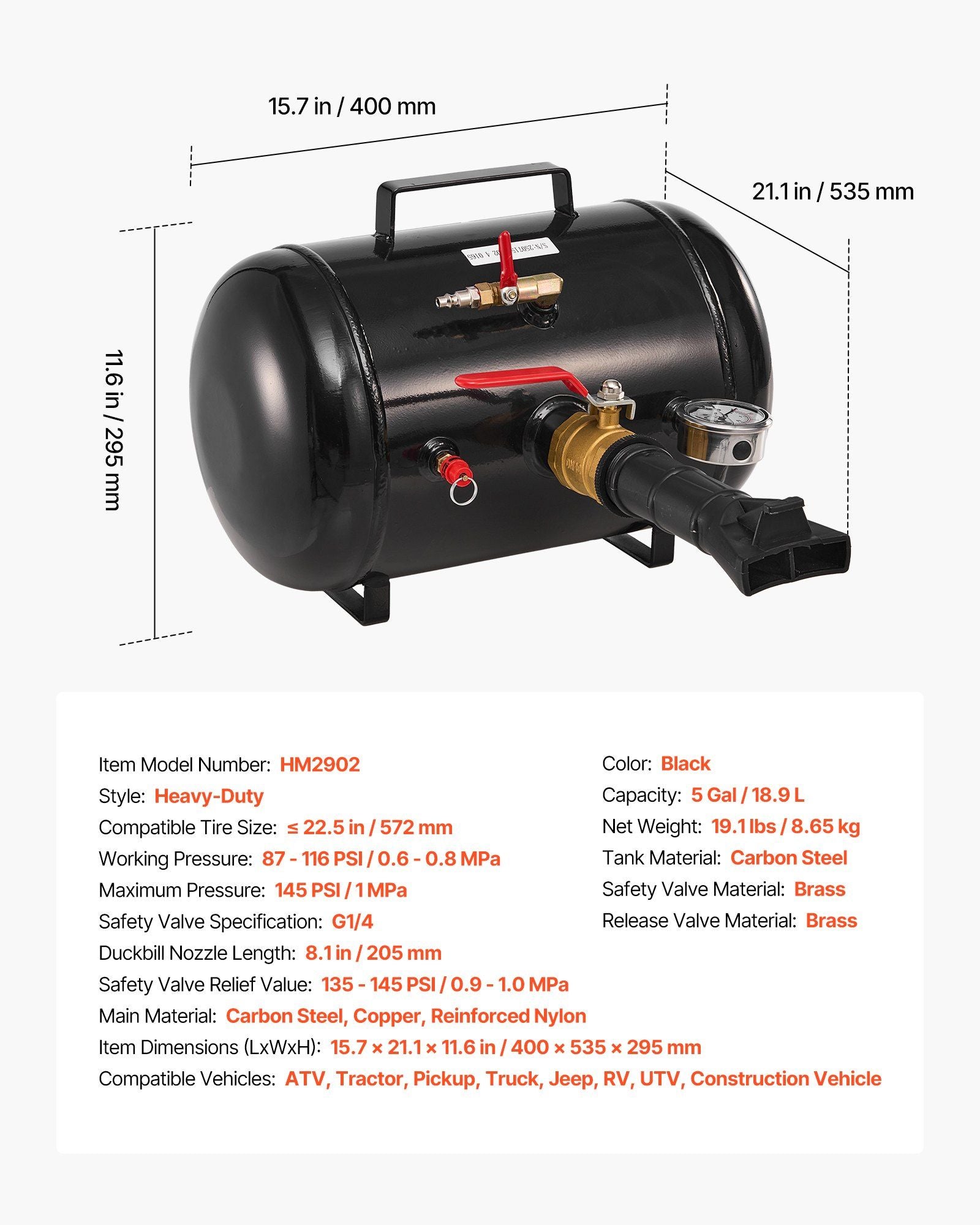 Air Tire Bead Seater, 5 Gal / 18.9 L, Heavy Duty Tire Bead Blaster Tool, 87-116 PSI Operating Pressure, Air Trigger Seating Inflator for Pickup, Truck, ATV, Jeep, Van, Lawn Tractor, RV, Black
