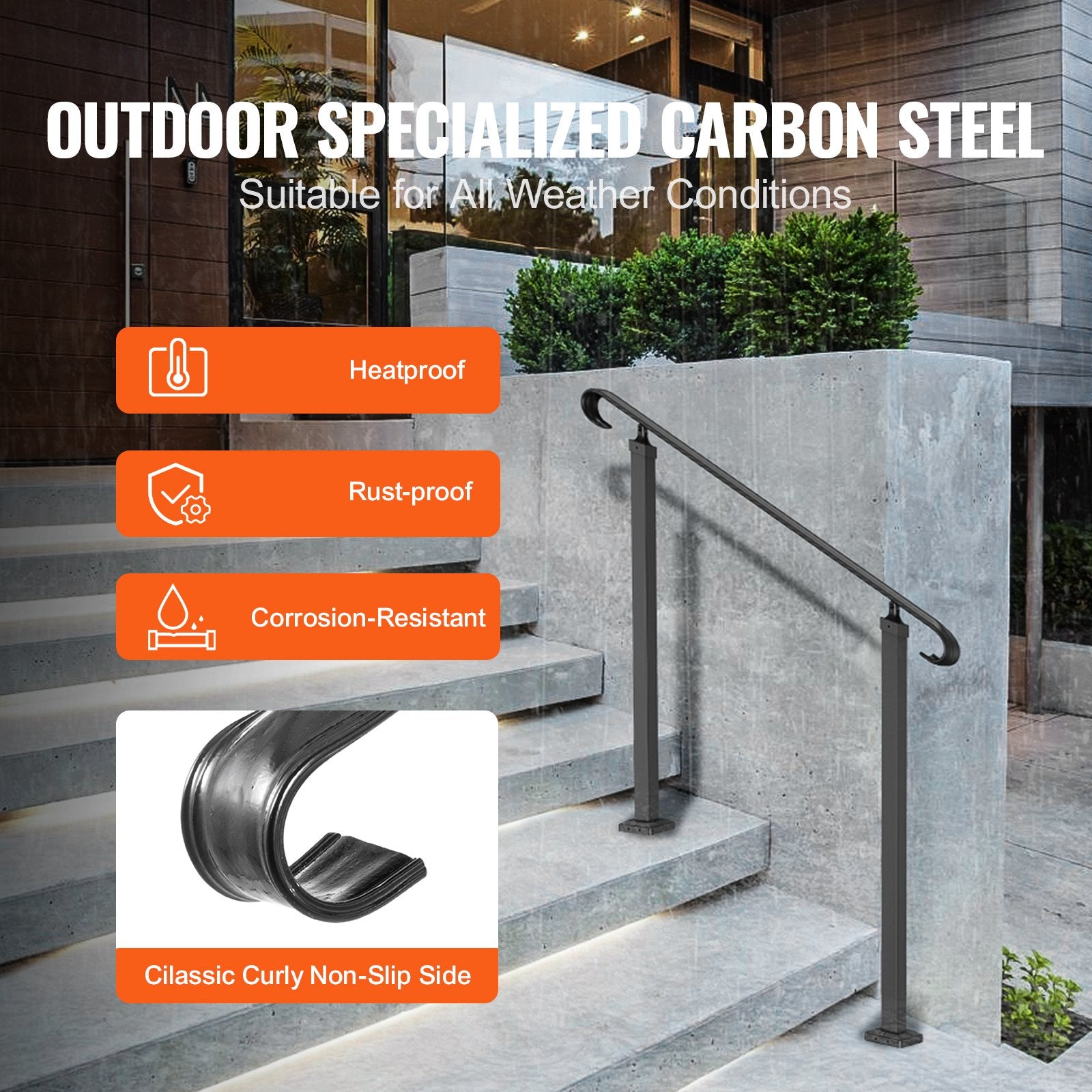 VEVOR Handrails for Outdoor Steps, Fit 1-3 Steps Outdoor Stair Railing, Wrought Iron Handrail, Adjustable Front Porch Hand Rail, Black Transitional Hand railings for Concrete Steps or Wooden Stairs