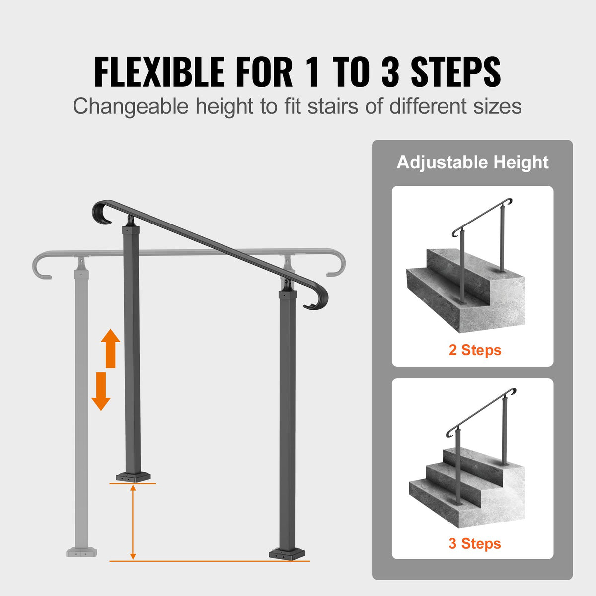 VEVOR Handrails for Outdoor Steps, Fit 1-3 Steps Outdoor Stair Railing, Wrought Iron Handrail, Adjustable Front Porch Hand Rail, Black Transitional Hand railings for Concrete Steps or Wooden Stairs