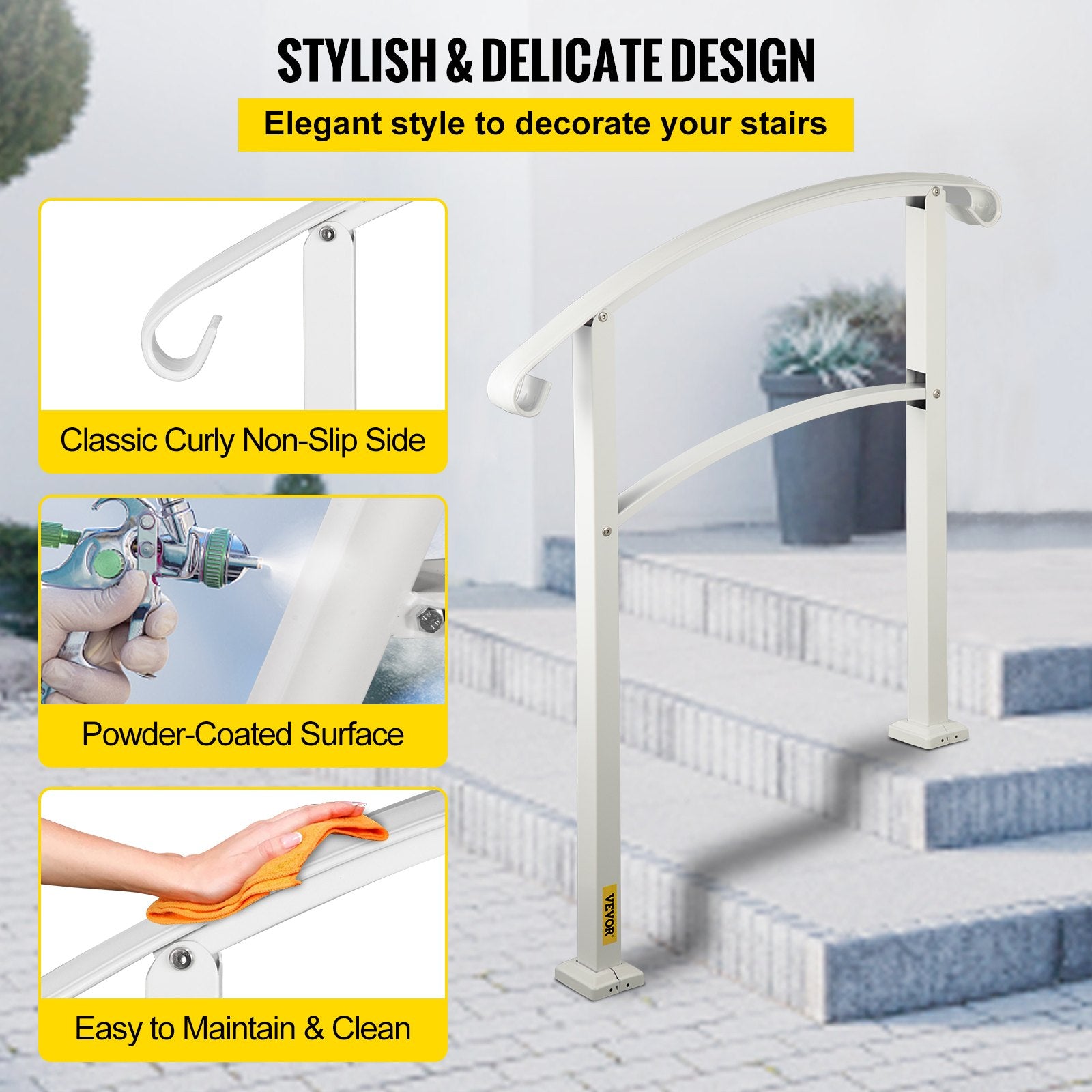 VEVOR 3-Step Handrails for Outdoor Steps Fits 1 or 3 Steps Matte White Stair Rail Wrought Iron Handrail with Installation Kit Hand Rails for Outdoor Step