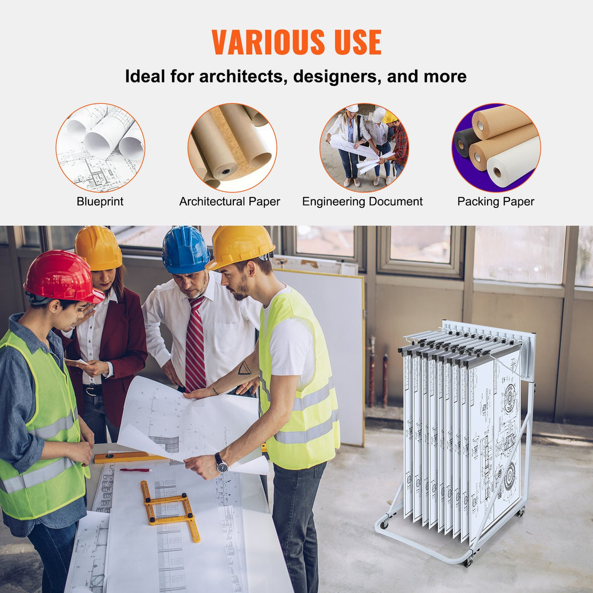 VEVOR Mobile Blueprint Storage Rack, Plan Holder with 12 Pivot Brackets, Mobile Blueprint Holder Adjustable Height & Length, Poster Display Rack for Office and Home (Rack Only Without Clamps)