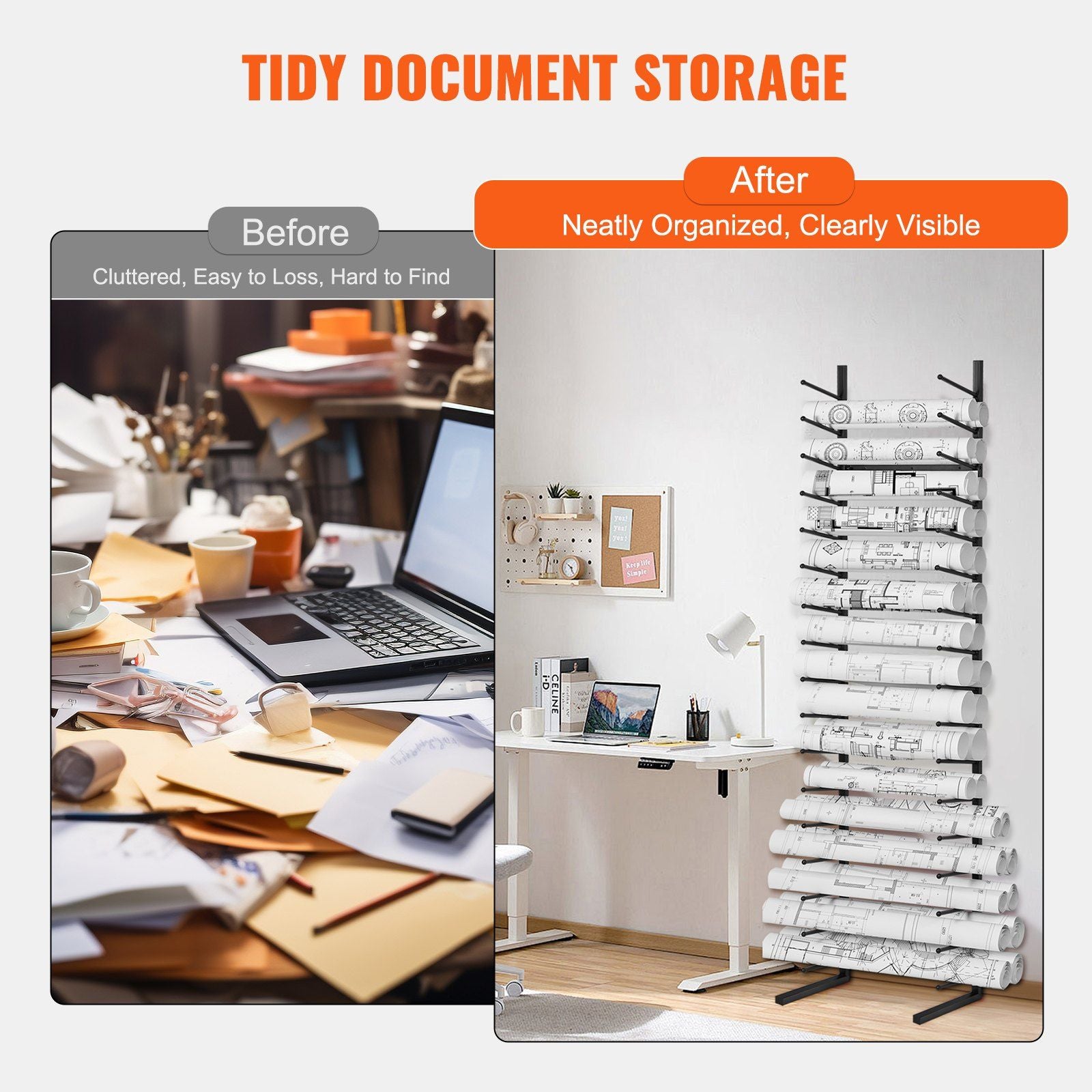 Blueprint Storage Rack, Hanging Poster Display Rack 16-Tier, Vertical Blueprint Roll File Holder 2 Rolls/tire, Roll File Storage Rack for Blueprint Map Poster