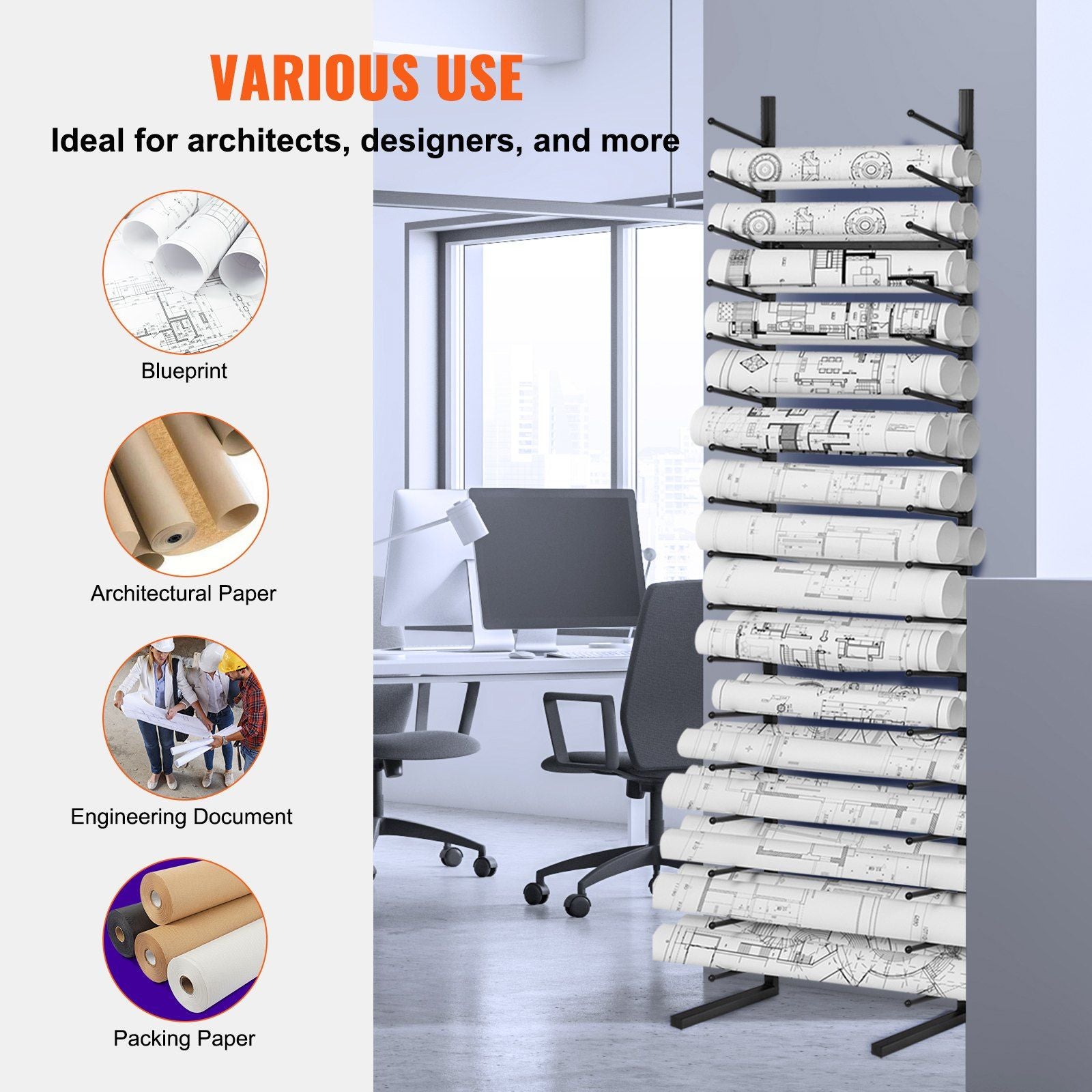Blueprint Storage Rack, Hanging Poster Display Rack 16-Tier, Vertical Blueprint Roll File Holder 2 Rolls/tire, Roll File Storage Rack for Blueprint Map Poster