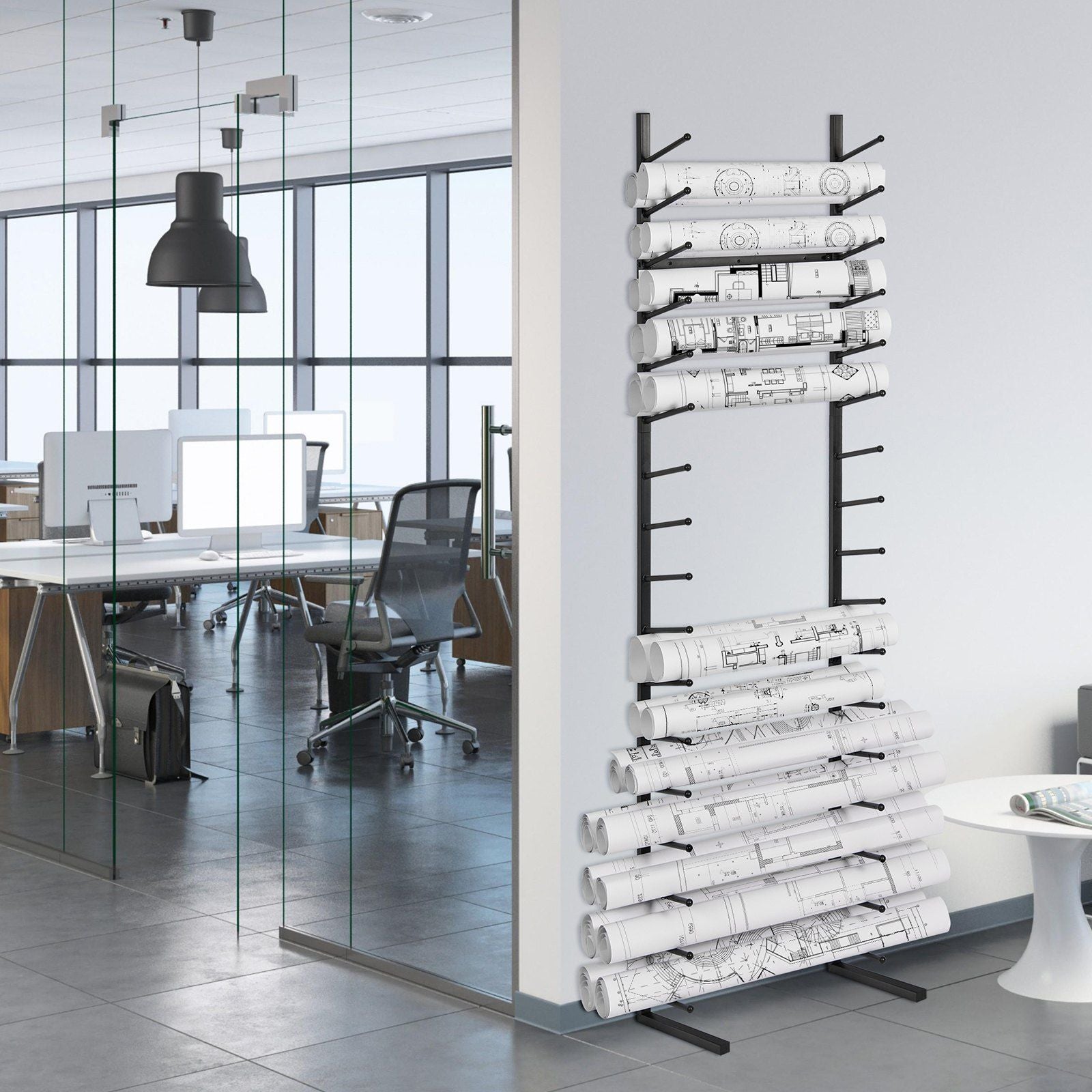 Blueprint Storage Rack, Hanging Poster Display Rack 16-Tier, Vertical Blueprint Roll File Holder 2 Rolls/tire, Roll File Storage Rack for Blueprint Map Poster
