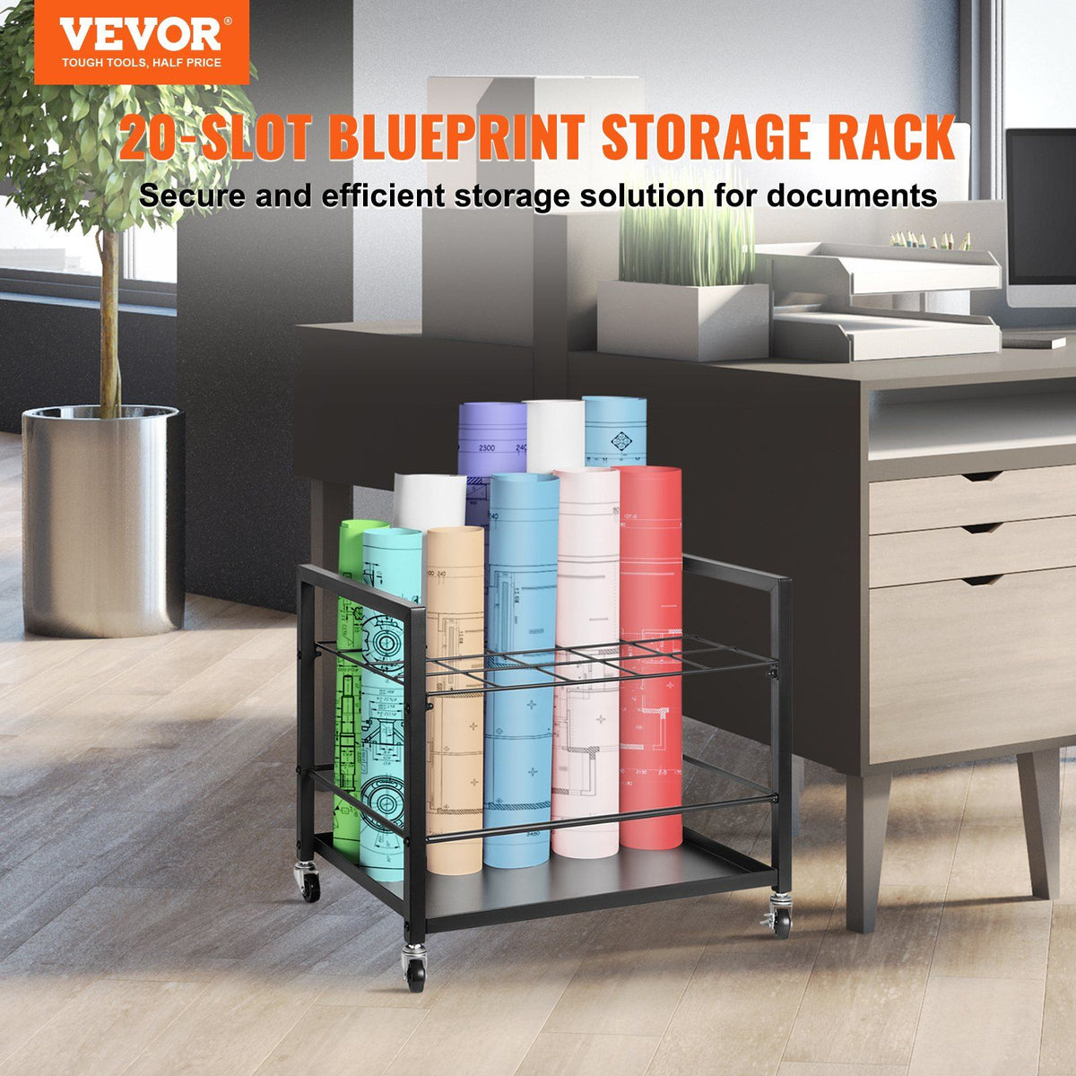 Blueprint Storage Rack, 20 Slots Blueprint Holder with Wheels, Mobile Metal Blueprint Storage Cart for Map Poster Architectural Construction Plan, Roll File Organizer for Home, Office, School