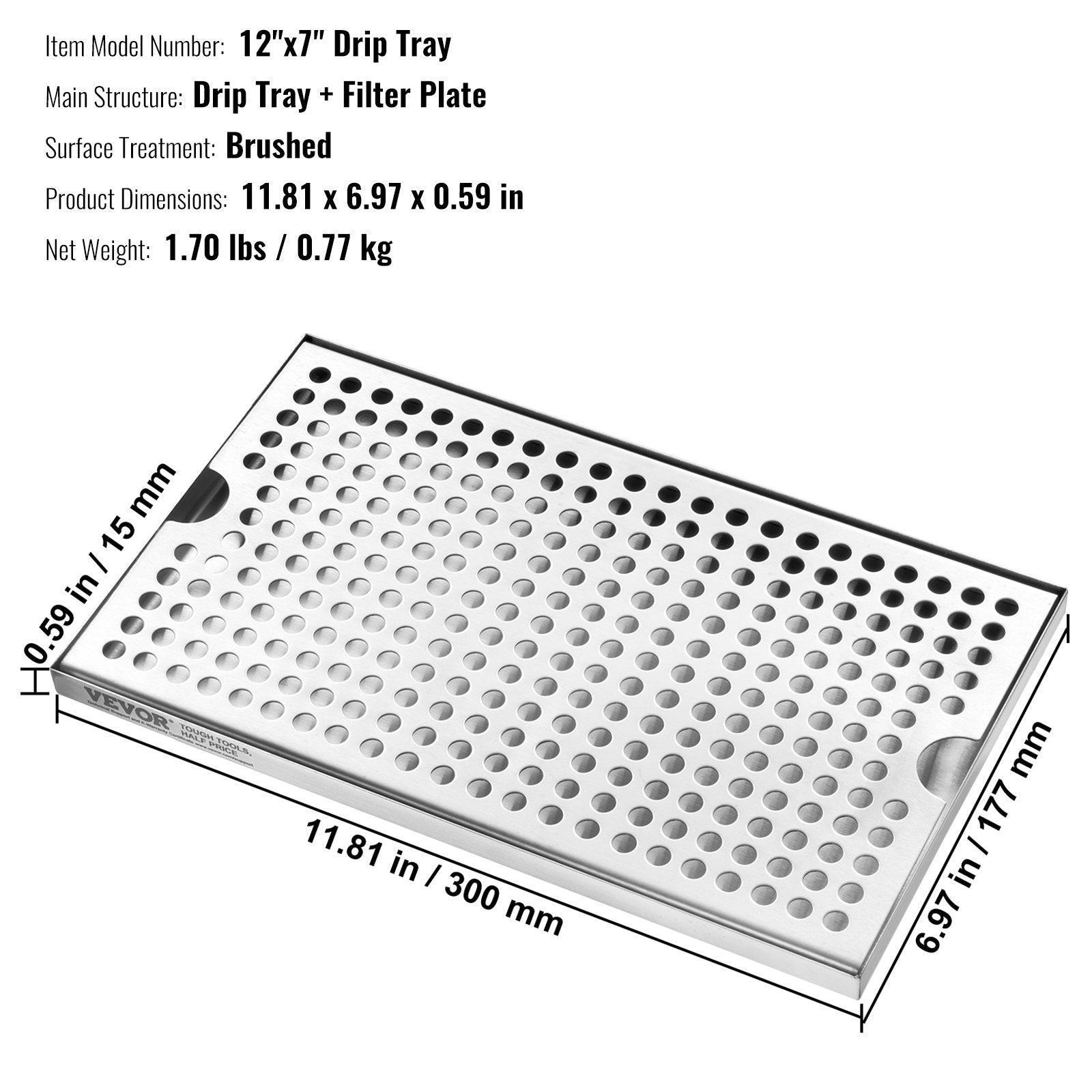 VEVOR Beer Drip Tray, 304 Stainless Steel Kegerator Drip Trays with 4 Non-Slip Rubber Pads and Detachable Cover, Heat / Cold Resistant Beer Tower Drip Pan for Bar Restaurant Coffee Shop Home