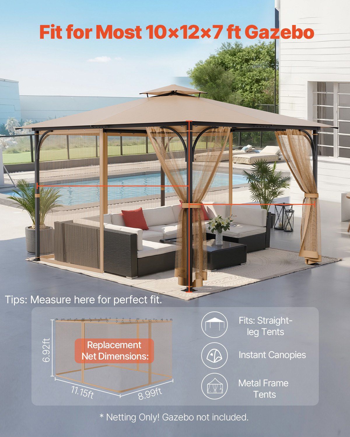 Gazebo Netting Replacement, Fit Most 10 x 12 x 7 FT Gazebo Curtain, Outdoor Garden Net, 4-Panel Sidewall Mesh Net, Patio Midge Netting with Double Zipper, Canopy Screen (Netting Only)