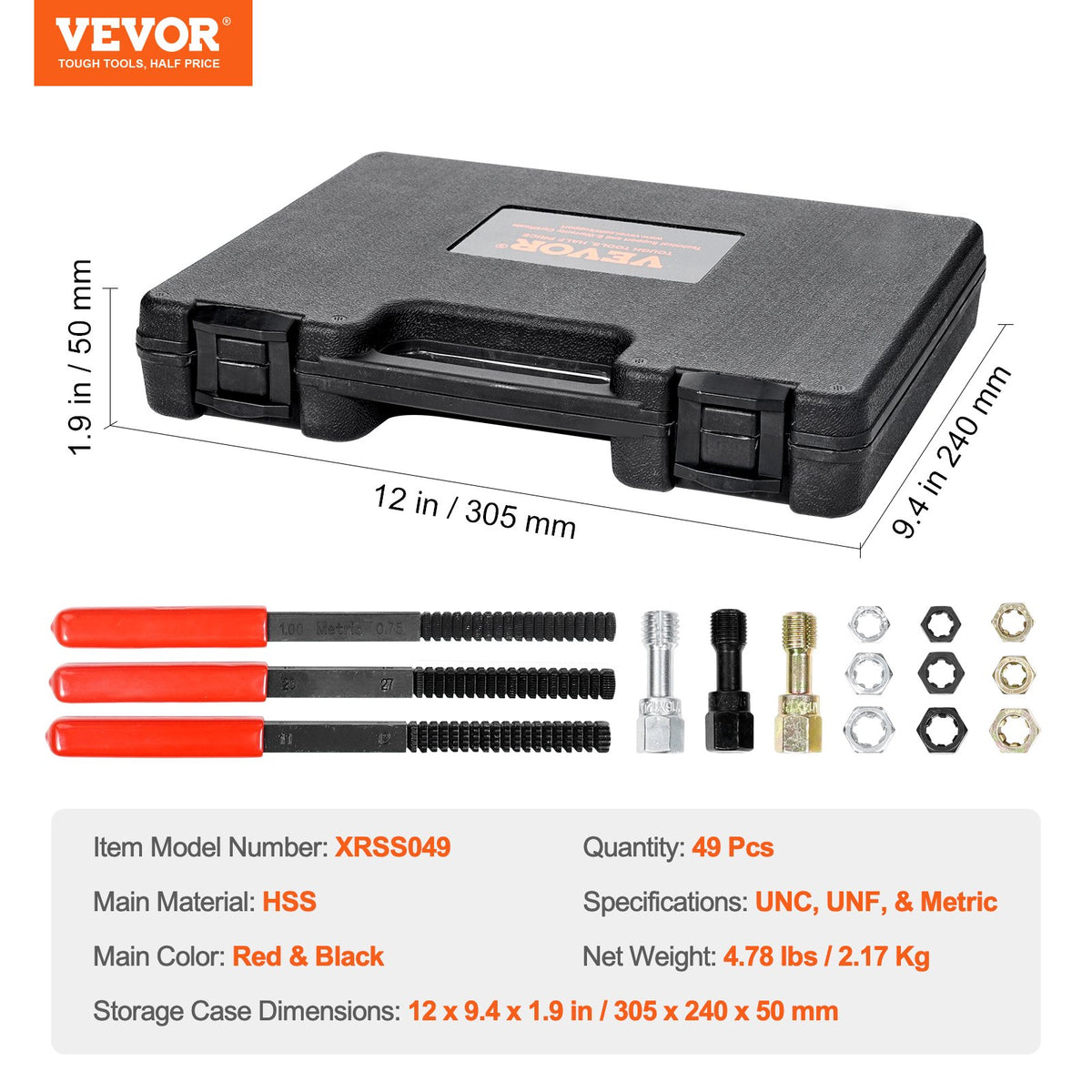 VEVOR 49-Piece Thread Chaser Set, UNC UNF and Metric Thread Restorer Tool, Rethreading Tool Kit with 22 Taps 24 Dies 3 Thread Files Storage Case, Heat Treated Steel, for Mechanics DIY Enthusiasts