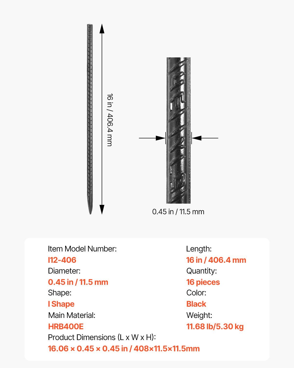 Rebar Stakes, 406.4 mm, Heavy-Duty 11.5 mm Diameter, Straight Galvanized Steel Ground Anchors with Chisel Point End & Rust-Resistant Coating, for Gardening Support, Fence, Camping Tents (16-Pack)