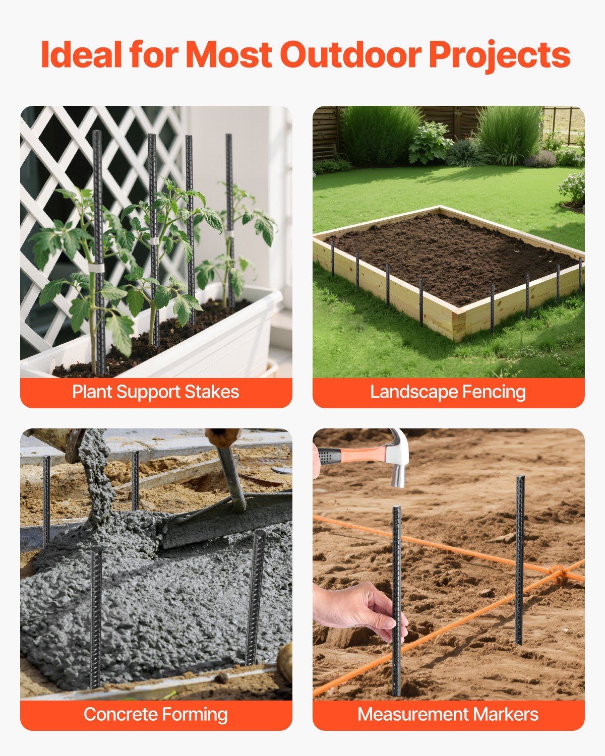 Rebar Stakes, 609.6 mm, Heavy-Duty 12 mm Diameter, Straight Galvanized Steel Ground Anchors with Chisel Point End & Rust-Resistant Coating, for Gardening Support, Fence, Camping Tents (20-Pack)