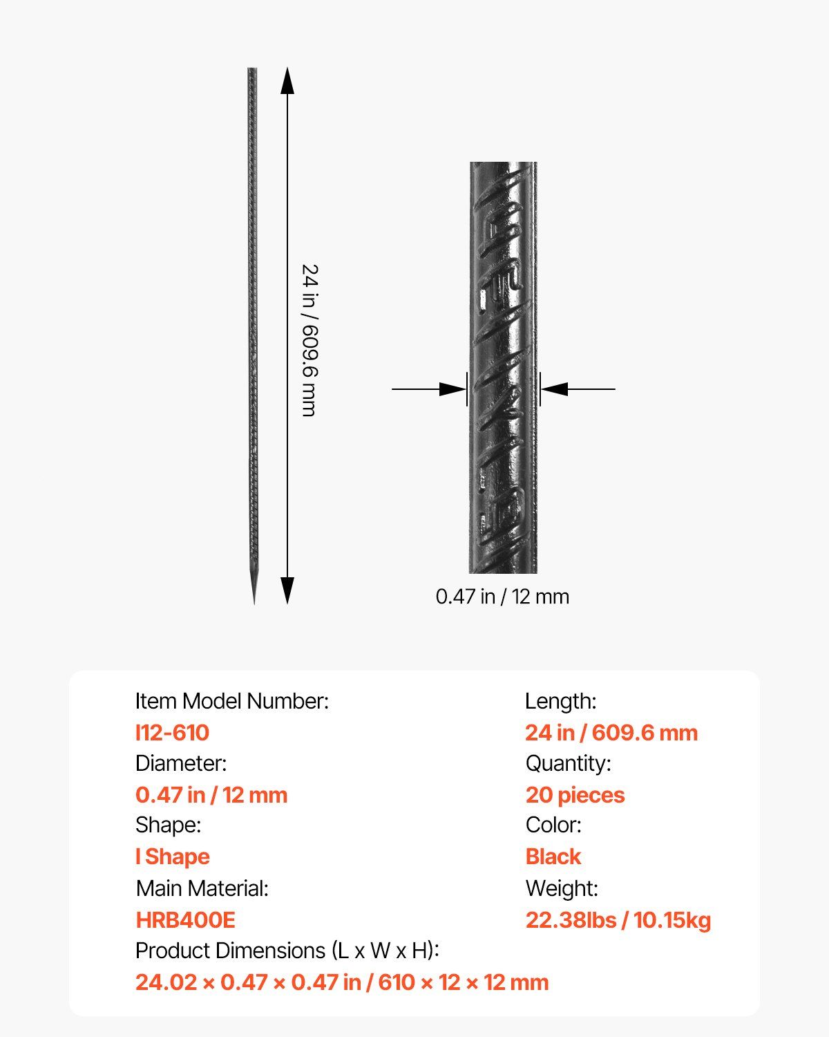 Rebar Stakes, 609.6 mm, Heavy-Duty 12 mm Diameter, Straight Galvanized Steel Ground Anchors with Chisel Point End & Rust-Resistant Coating, for Gardening Support, Fence, Camping Tents (20-Pack)
