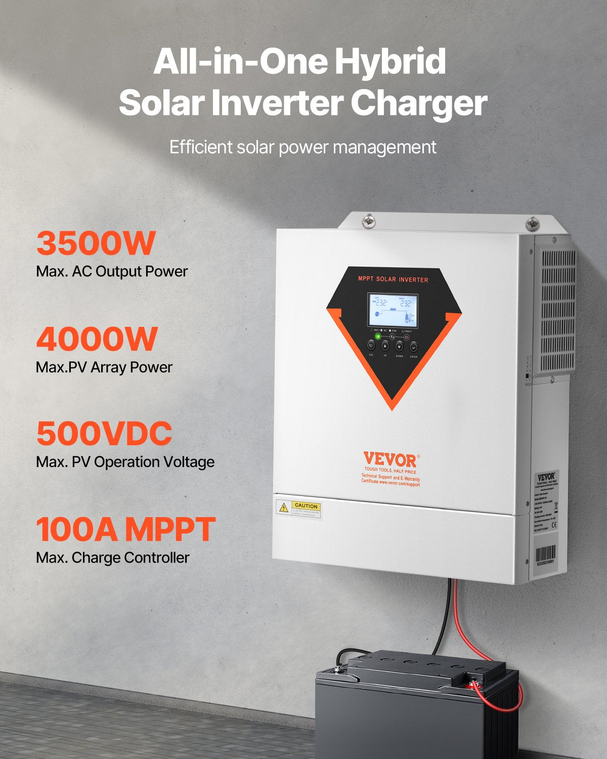 VEVOR Hybrid Solar Inverter, 3500W, All in One Pure Sine Wave Power Inverter Charger, 220V AC, with Built-in 100A MPPT Solar Charger Controller, for Off-Grid System Lead Acid Lithium Battery